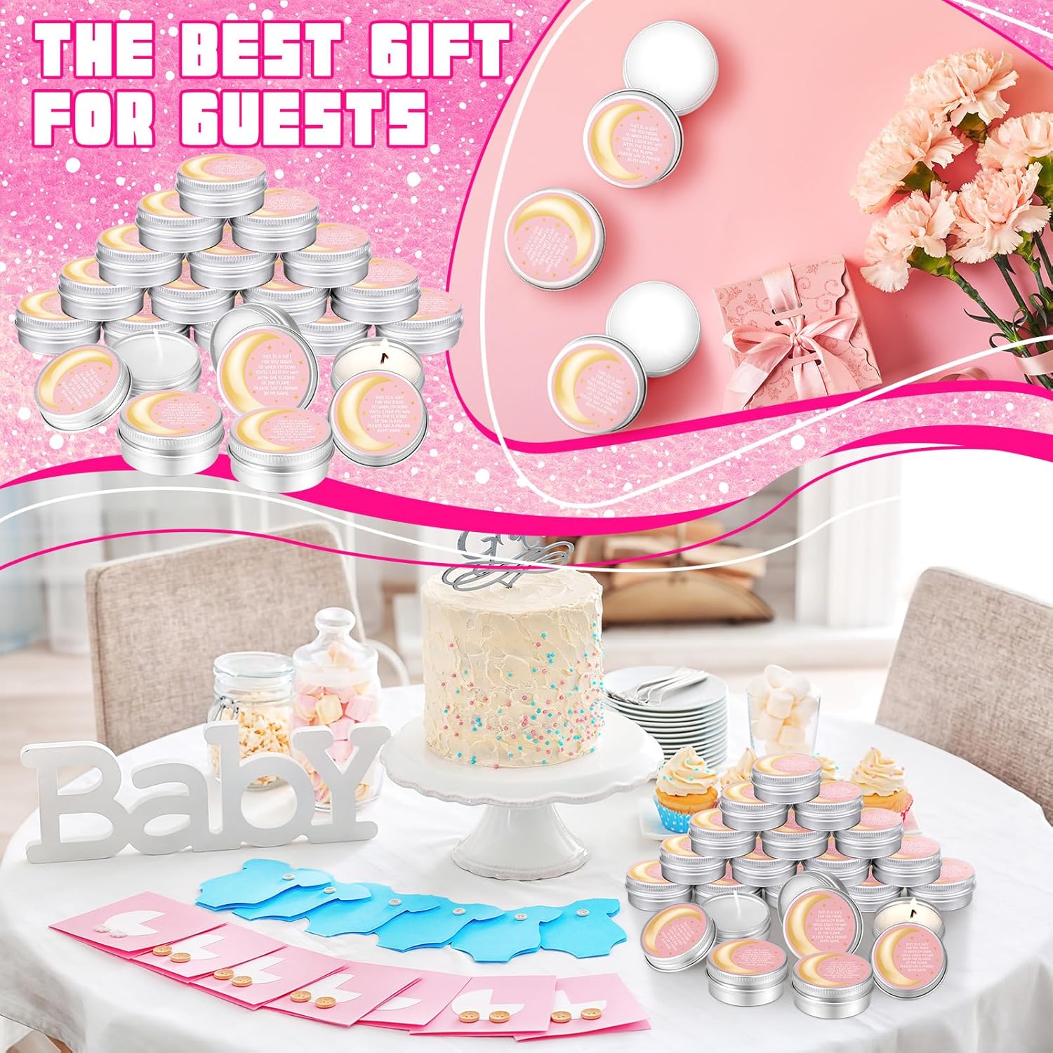 MTLEE 50 Pcs Pink Moon Baby Shower Candles
