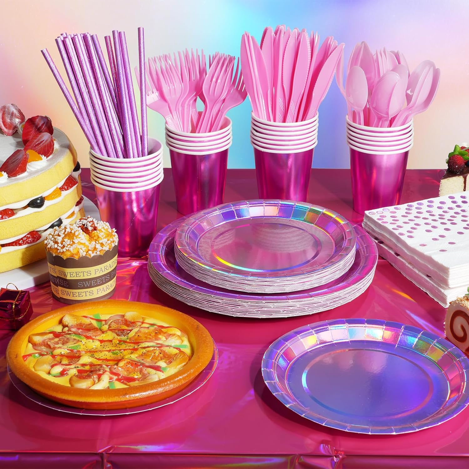 FunnyPars Iridescent Pink Party Plates Set for 25 Guests