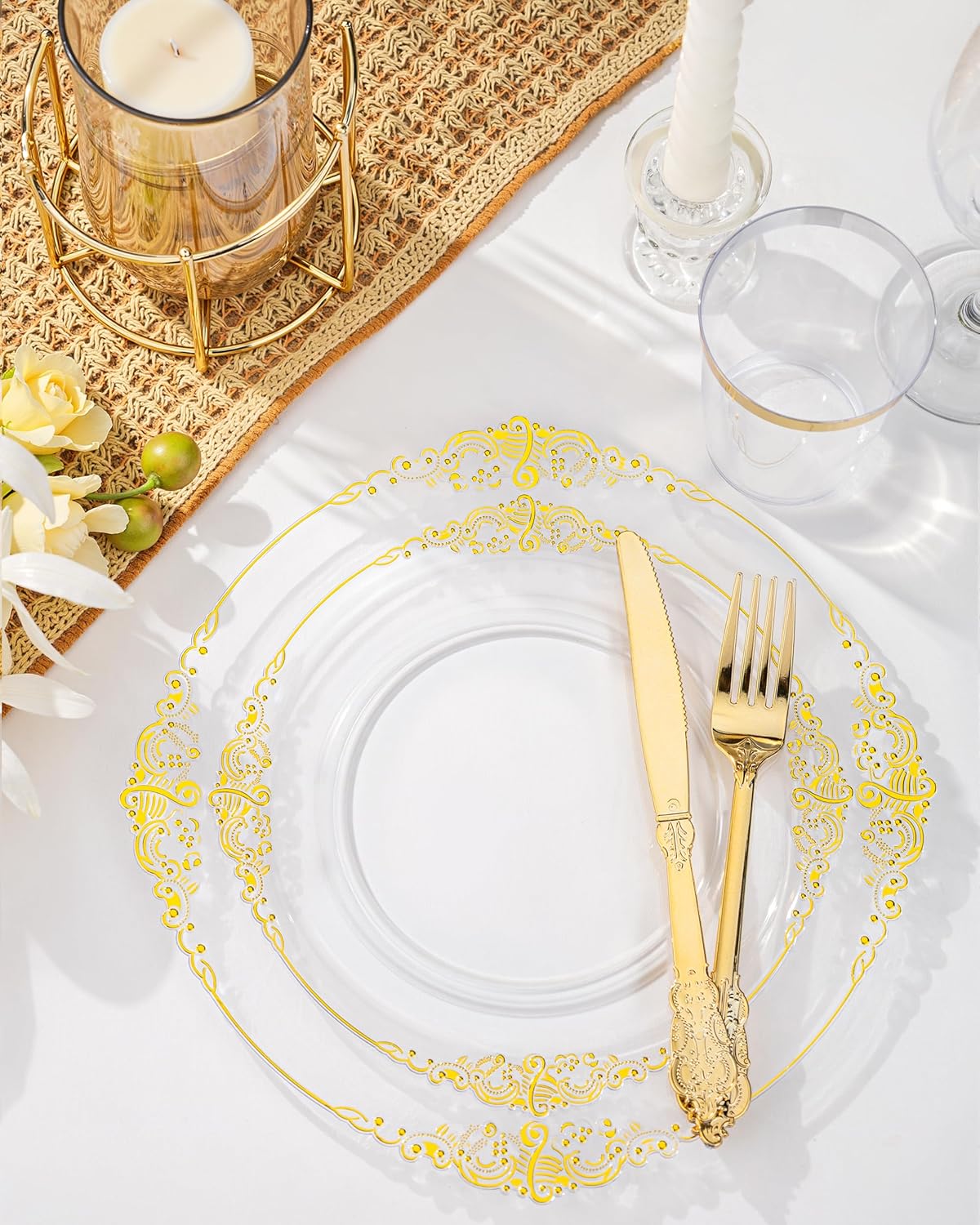 Nervure 175PCS Clear Gold Plastic Plates Set for 25 Guests