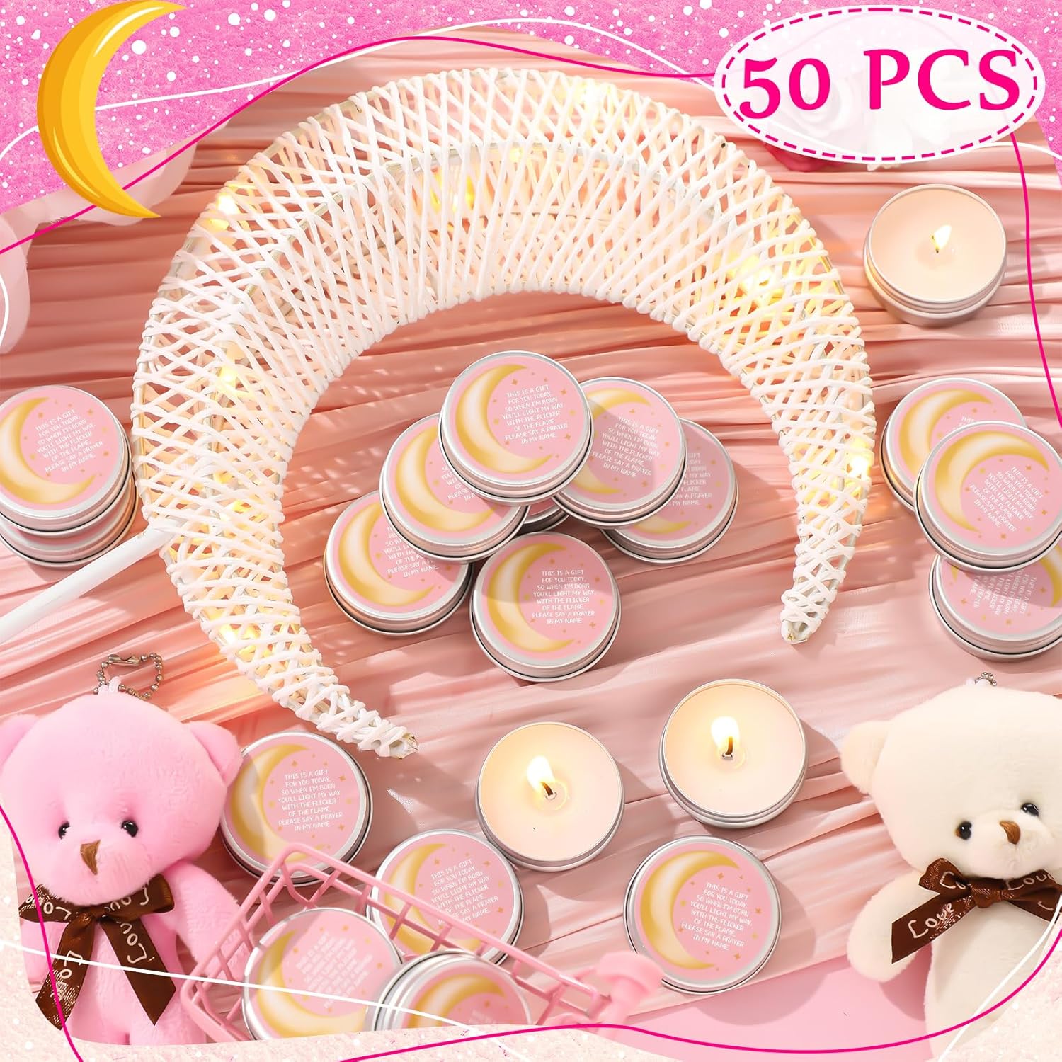 MTLEE 50 Pcs Pink Moon Baby Shower Candles
