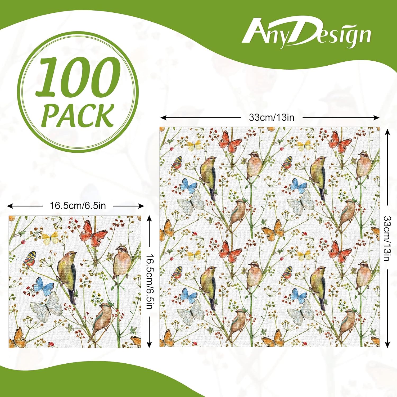 AnyDesign 100 Pack Watercolor Butterfly Napkins