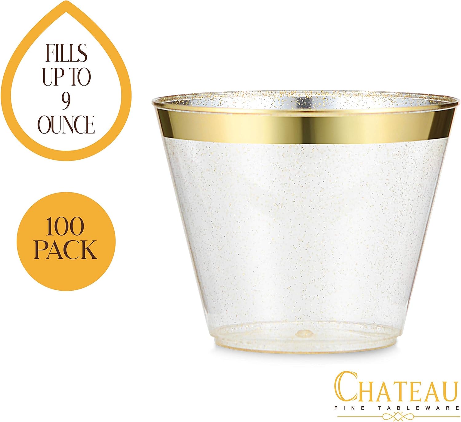 100 Pack 9oz Gold Glitter Plastic Cups with Gold Rim - Premium Partyware