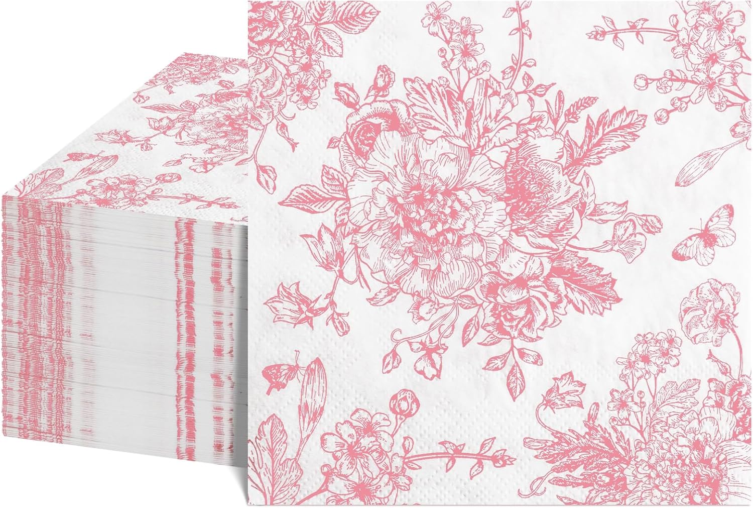 100 Pcs Pink Floral Napkins with White Toile Design