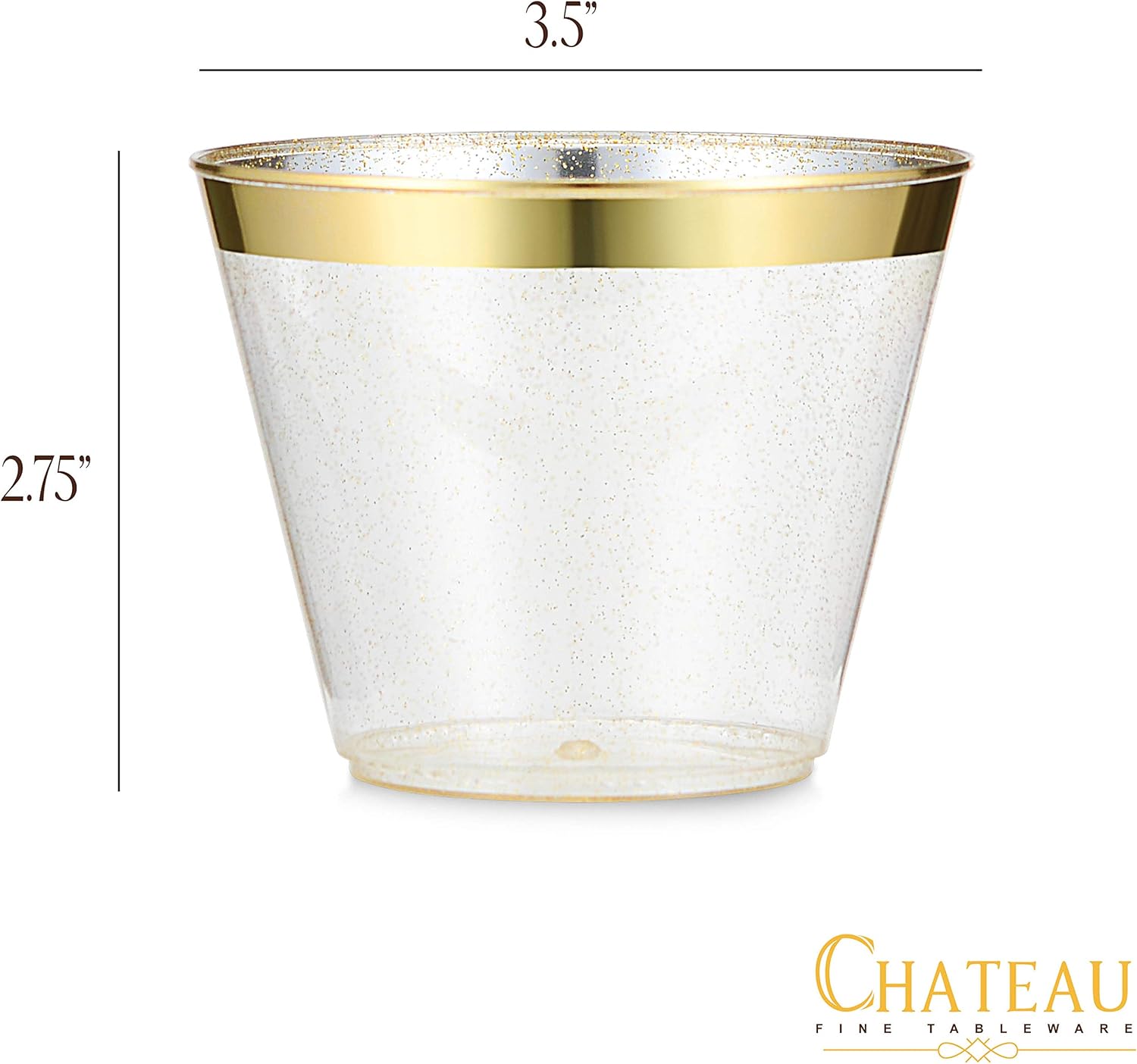 100 Pack 9oz Gold Glitter Plastic Cups with Gold Rim - Premium Partyware