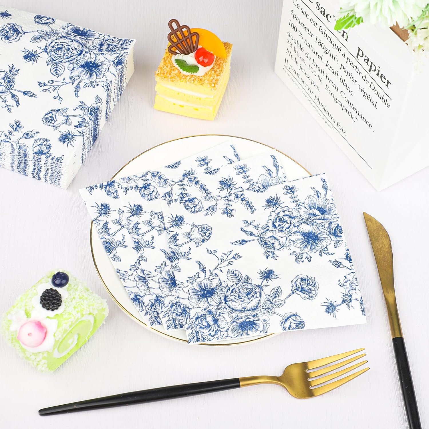 50PCS Blue Floral Cocktail Napkins 3-Ply Disposable