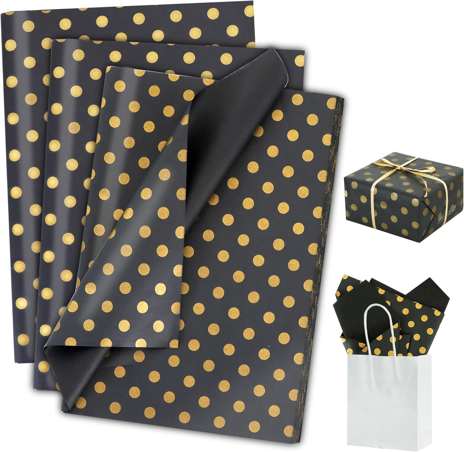 BEISHIDA 100 Sheets Black and Gold Polka Dot Wrapping Tissue Paper