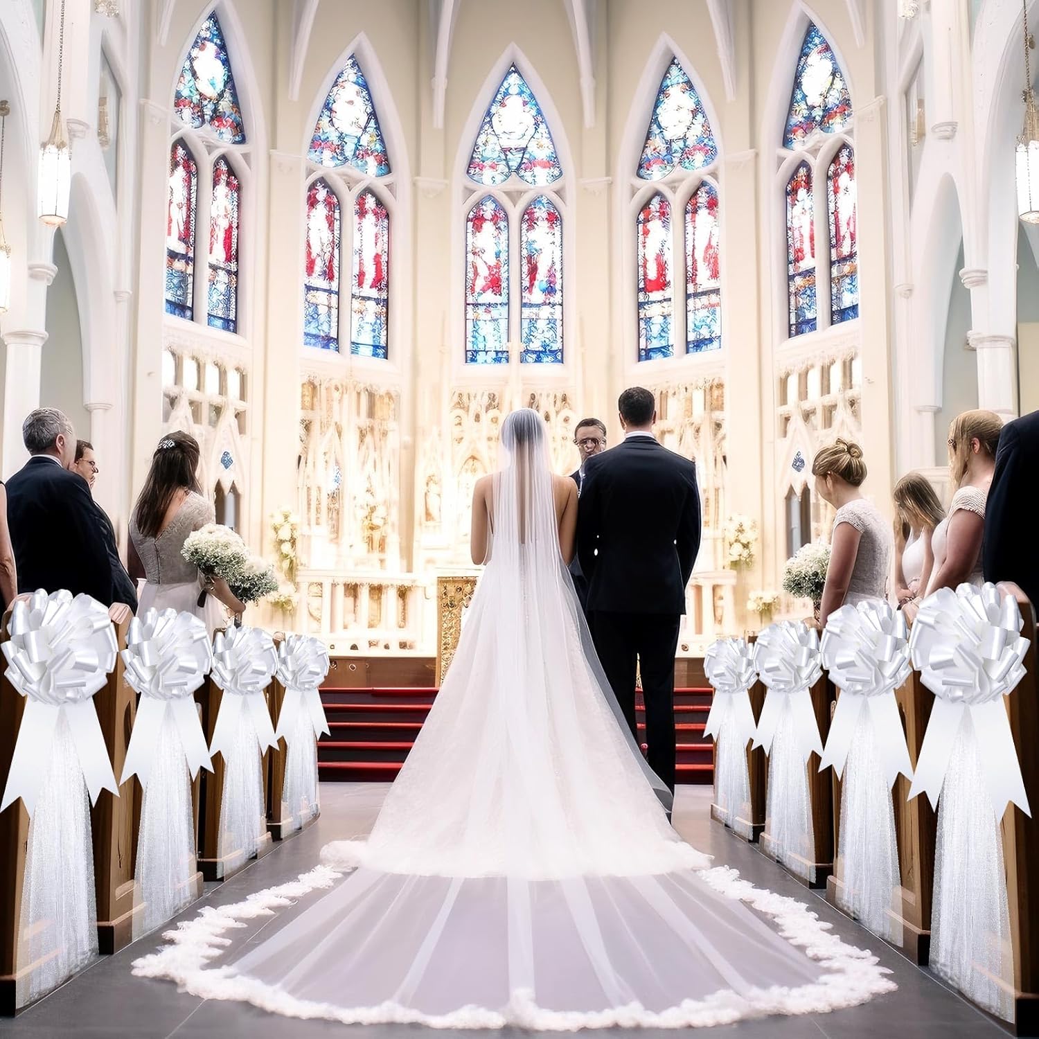 Dingion 30pcs White Wedding Pew Bows with Tulle