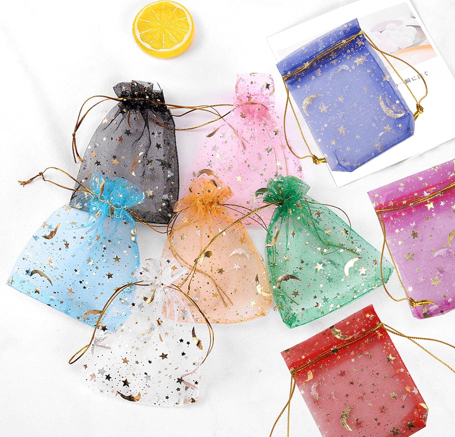 SUMAJU 100 Piece Moon Star Organza Jewelry Candy Bags Gift Pouch with Drawstring