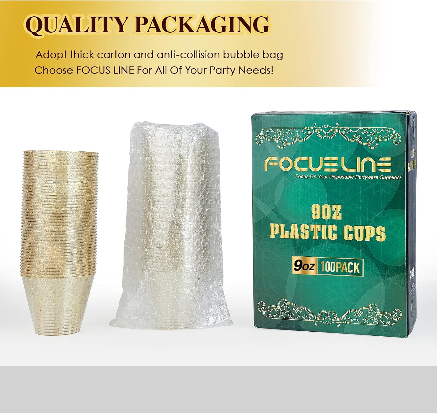 FOCUSLINE 9 oz Gold Glitter Plastic Cups 100 Count