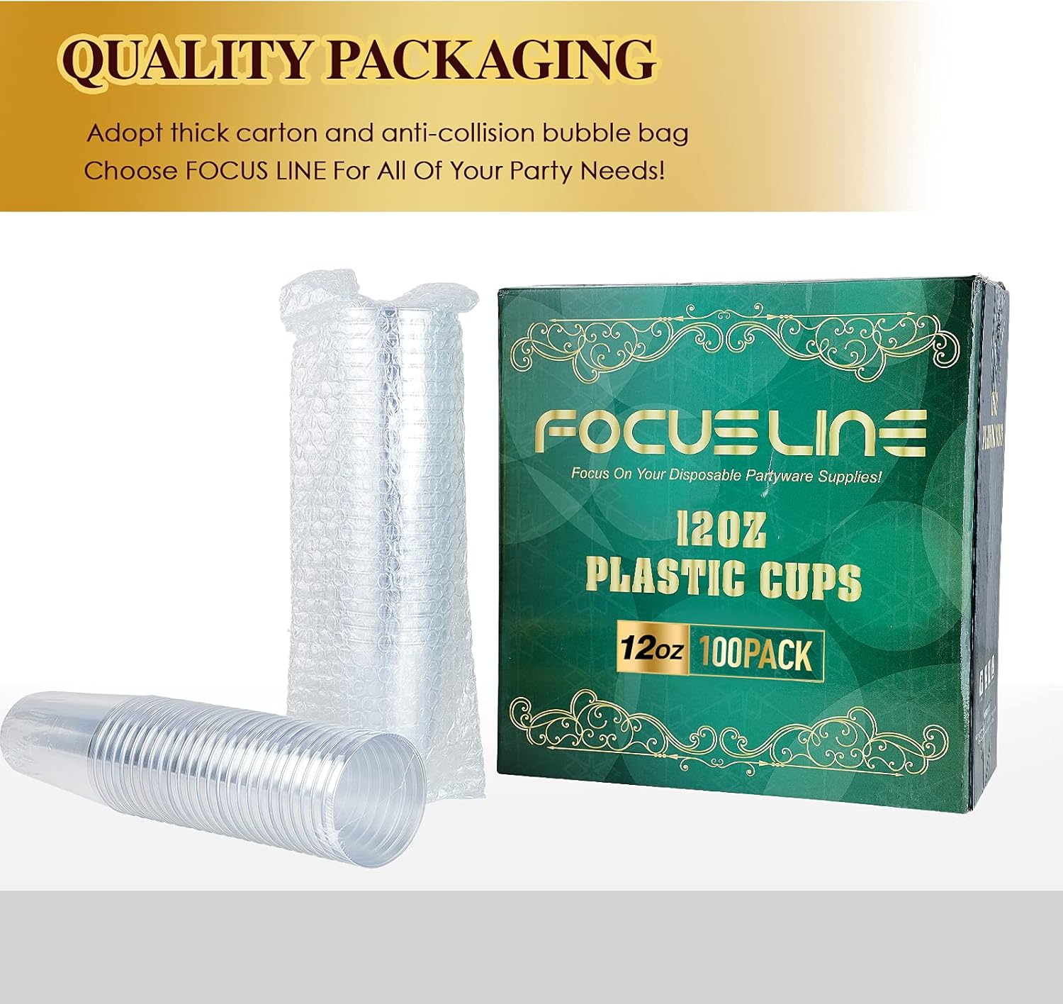 FOCUSLINE 12 oz Clear Plastic Cups 100 Count