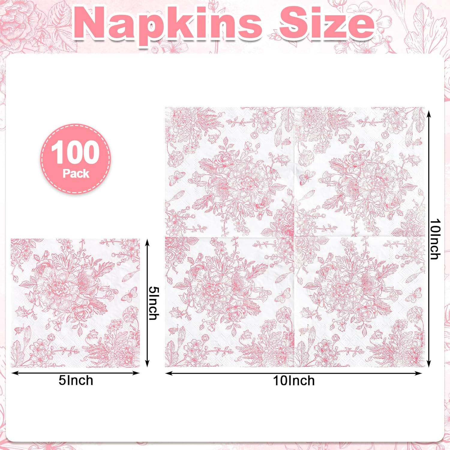 100 Pcs Pink Floral Napkins with White Toile Design