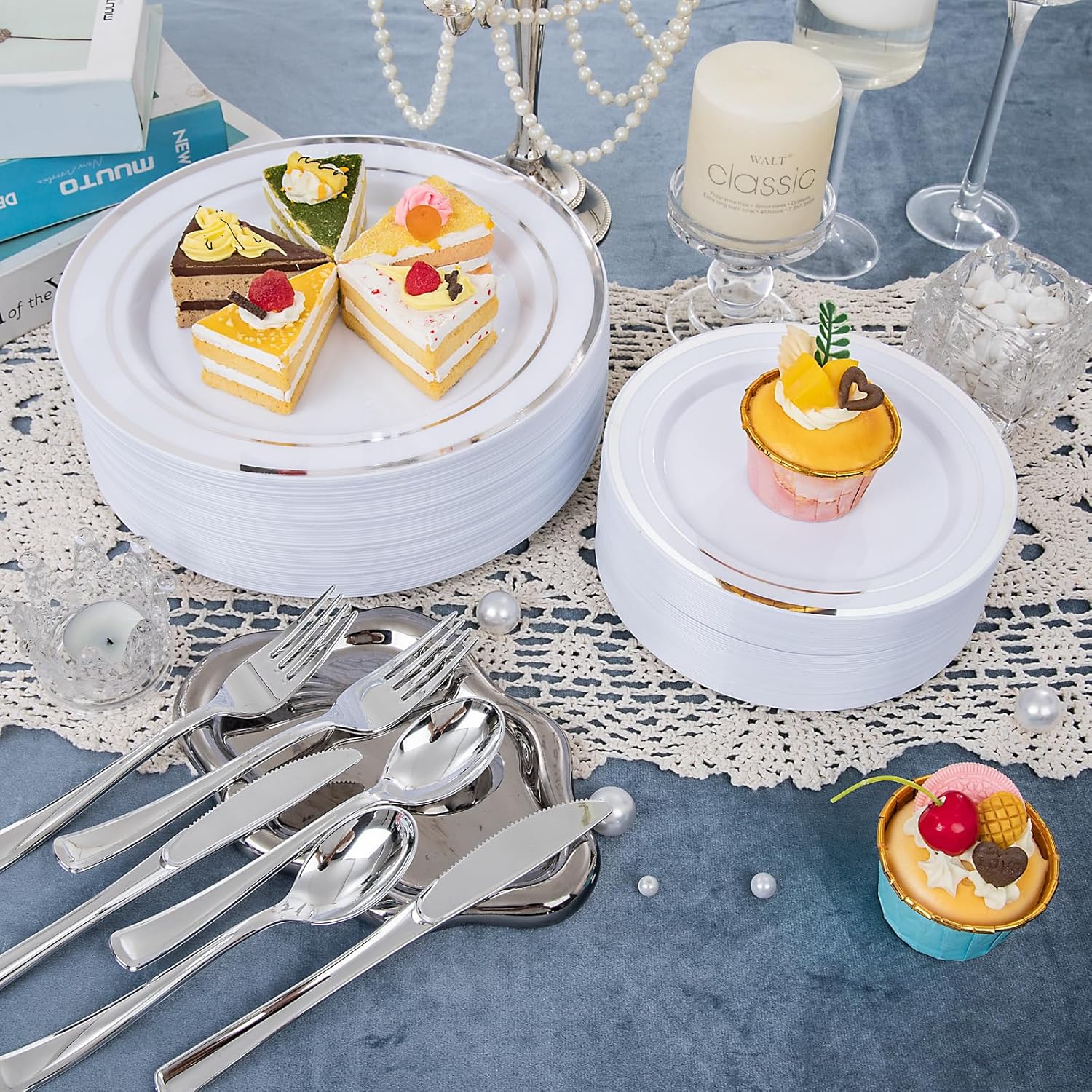 WELLIFE 600 PCS Silver Disposable Dinnerware Set for 100 Guests