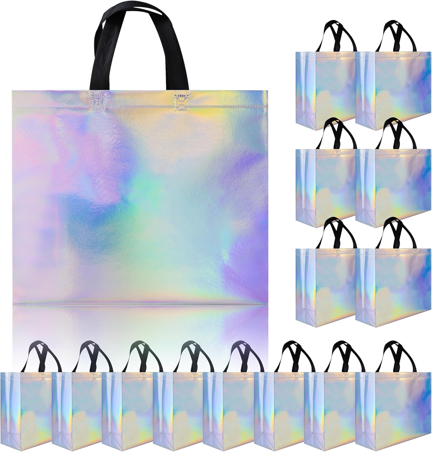 Glossy Iridescent Gift Bags 15 Pcs with Black Handles
