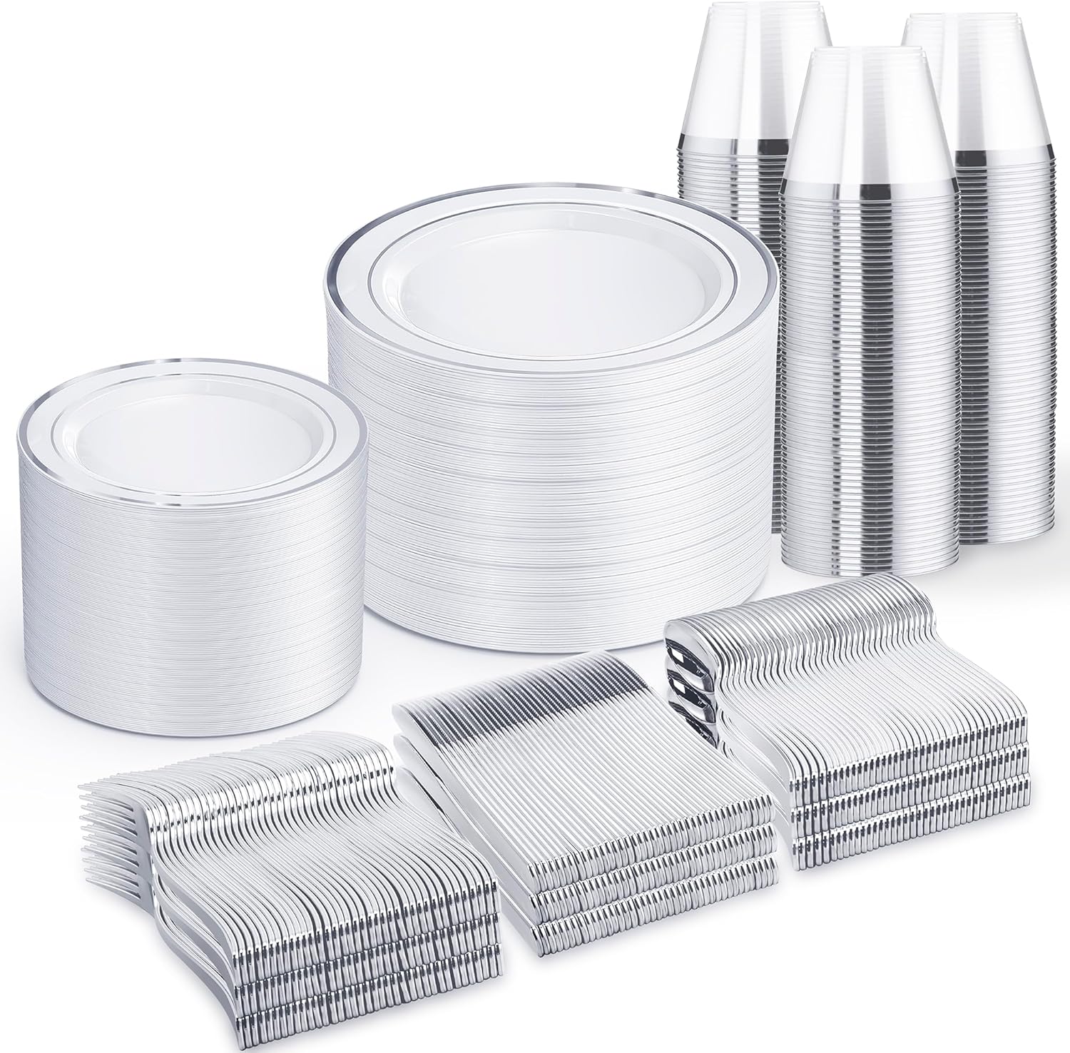 WELLIFE 600 PCS Silver Disposable Dinnerware Set for 100 Guests