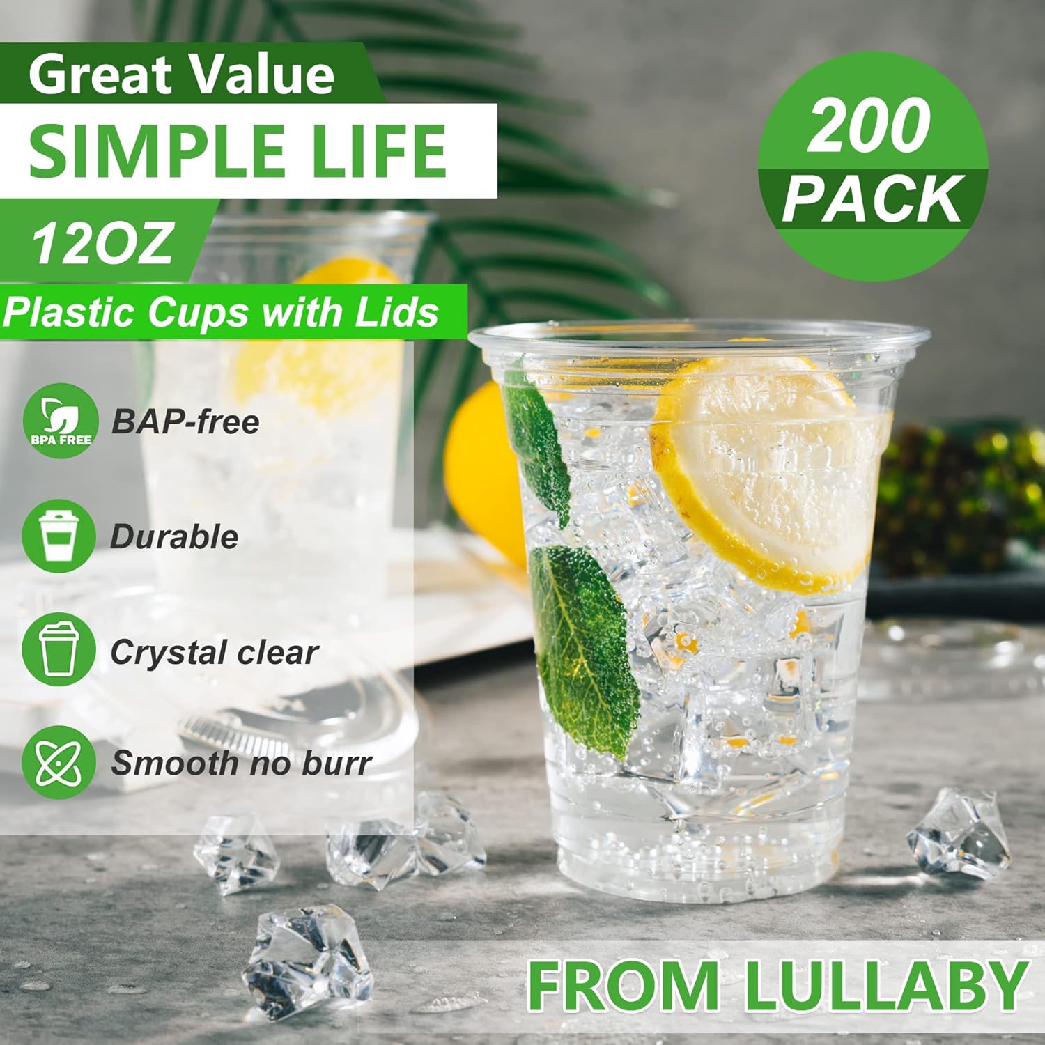 Lullaby 200 Pack 12oz Clear Plastic Cups with Lids