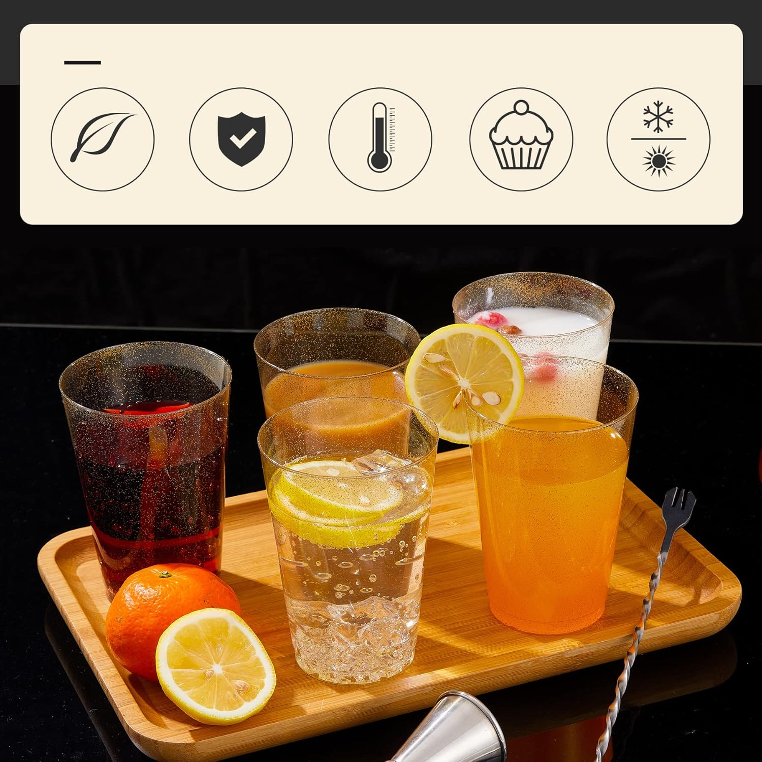 N9R 100PCS 12oz Gold Glitter Plastic Cups for Parties
