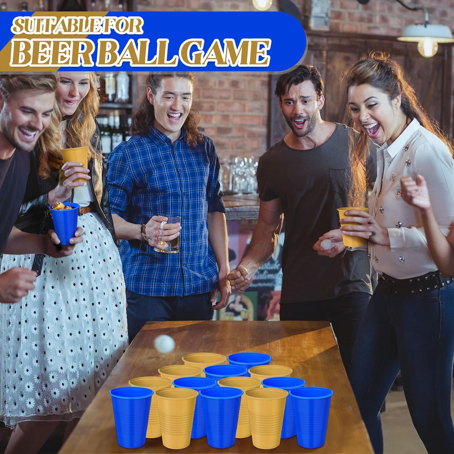 100 Pcs 12 oz Blue and Gold Disposable Cups for Parties