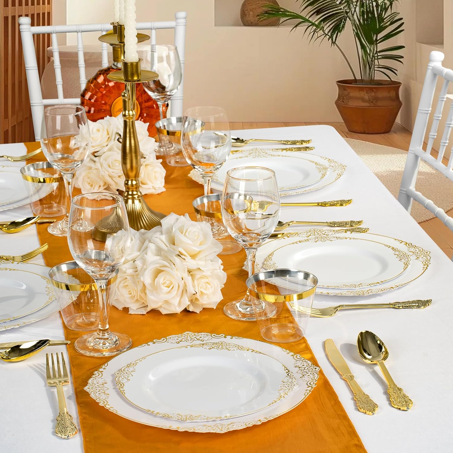 350PCS Gold Plastic Plates for 50 Guests Wedding Party Set