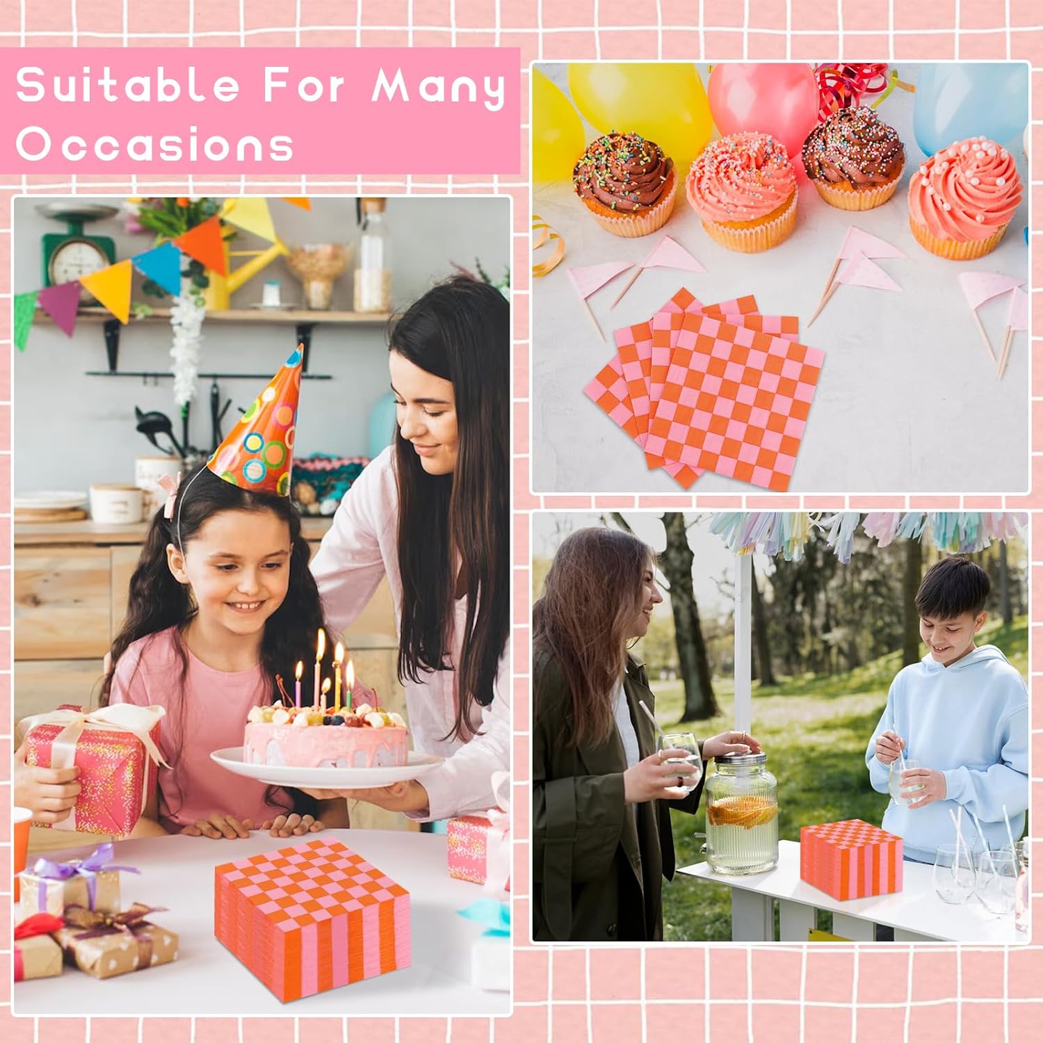 100 Pcs Plaid Paper Napkins Pink Orange Party Use