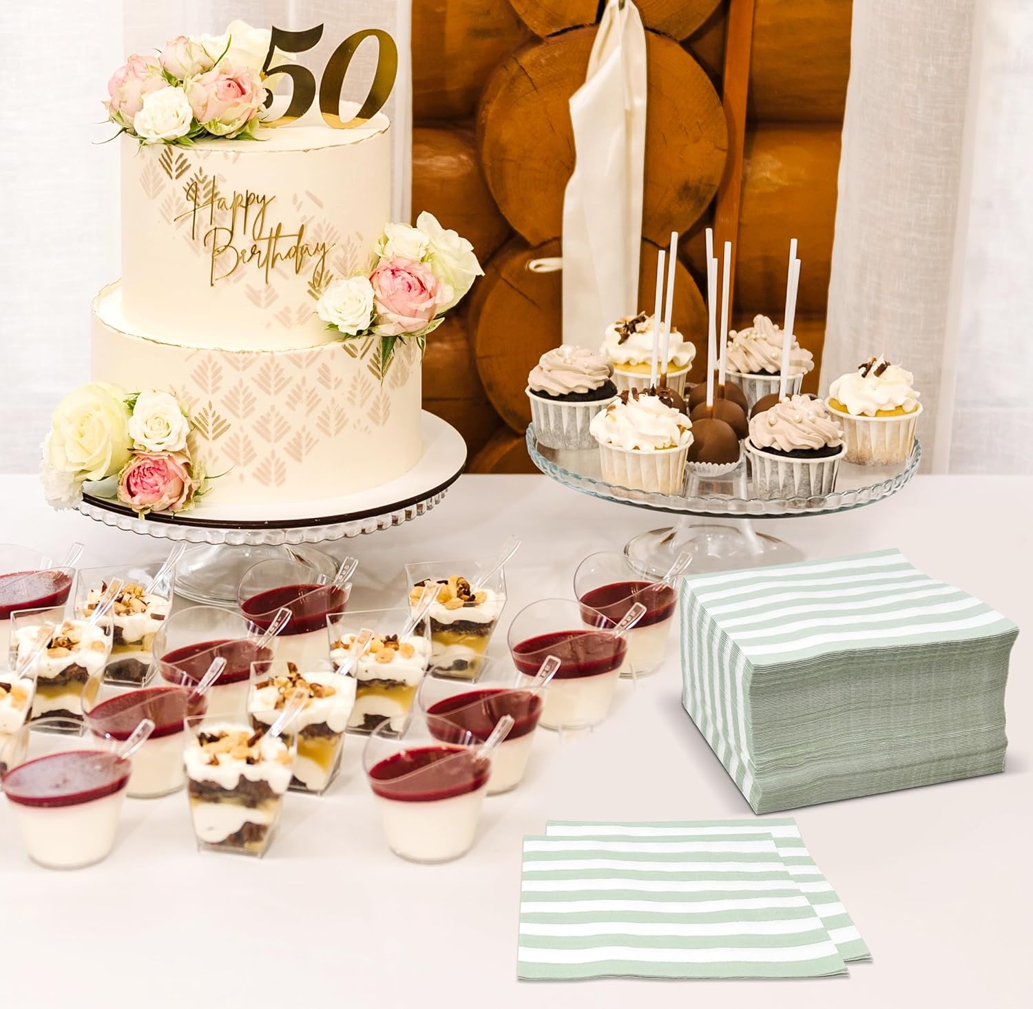 100 Pcs Sage Green White Stripe Cocktail Napkins for Party Supplies