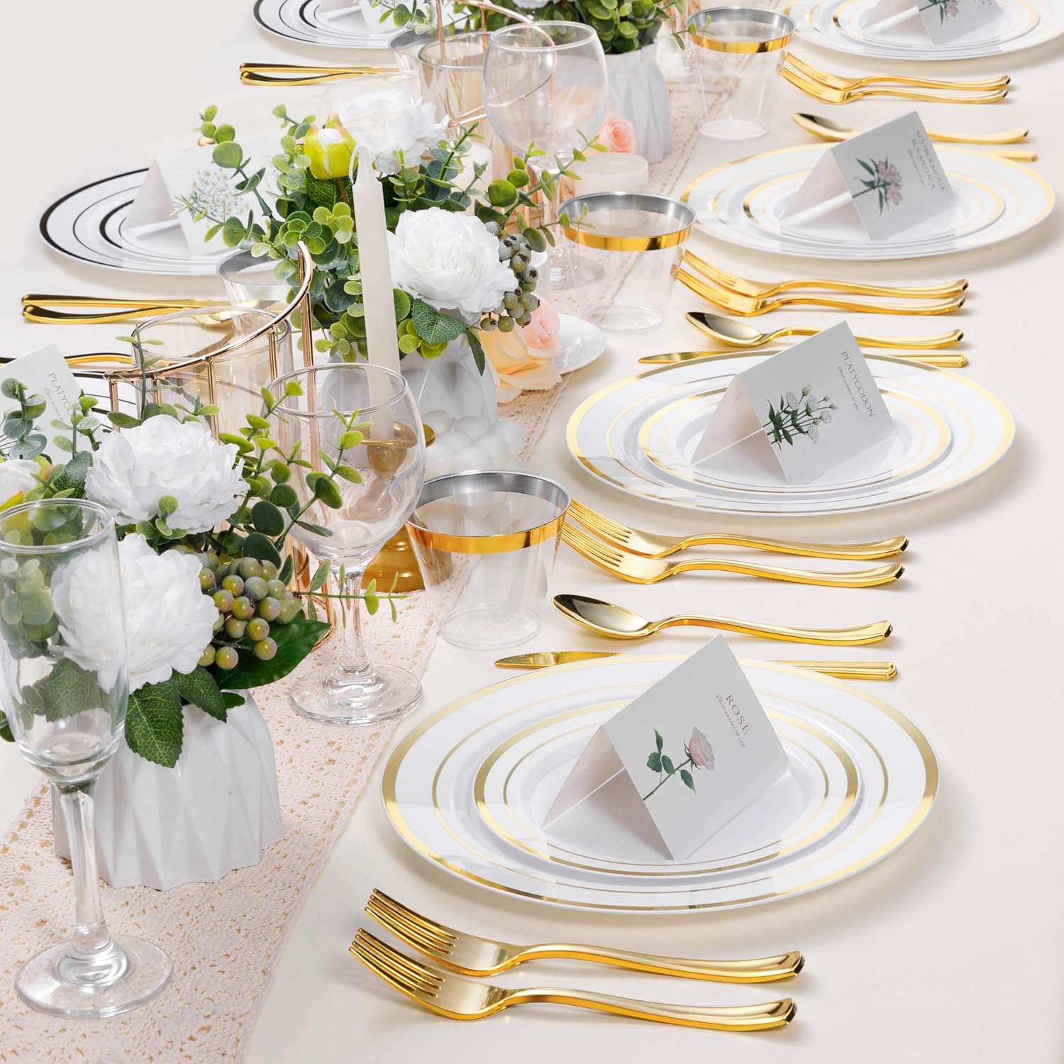 100PCS White Plastic Plates with Gold Rim 1025 Inch