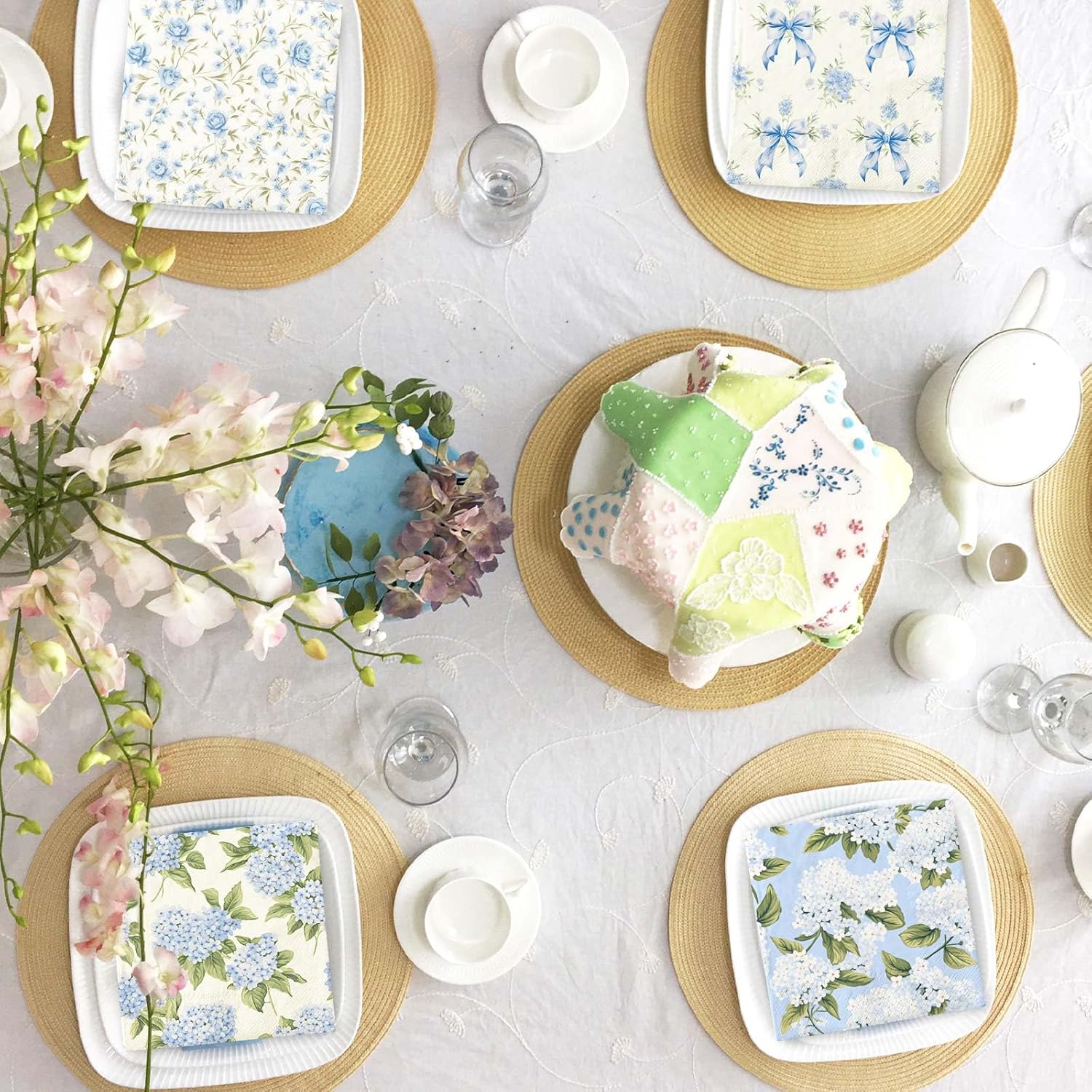 AnyDesign 100 Pcs Blue Floral Paper Napkins for Home Kitchen Parties