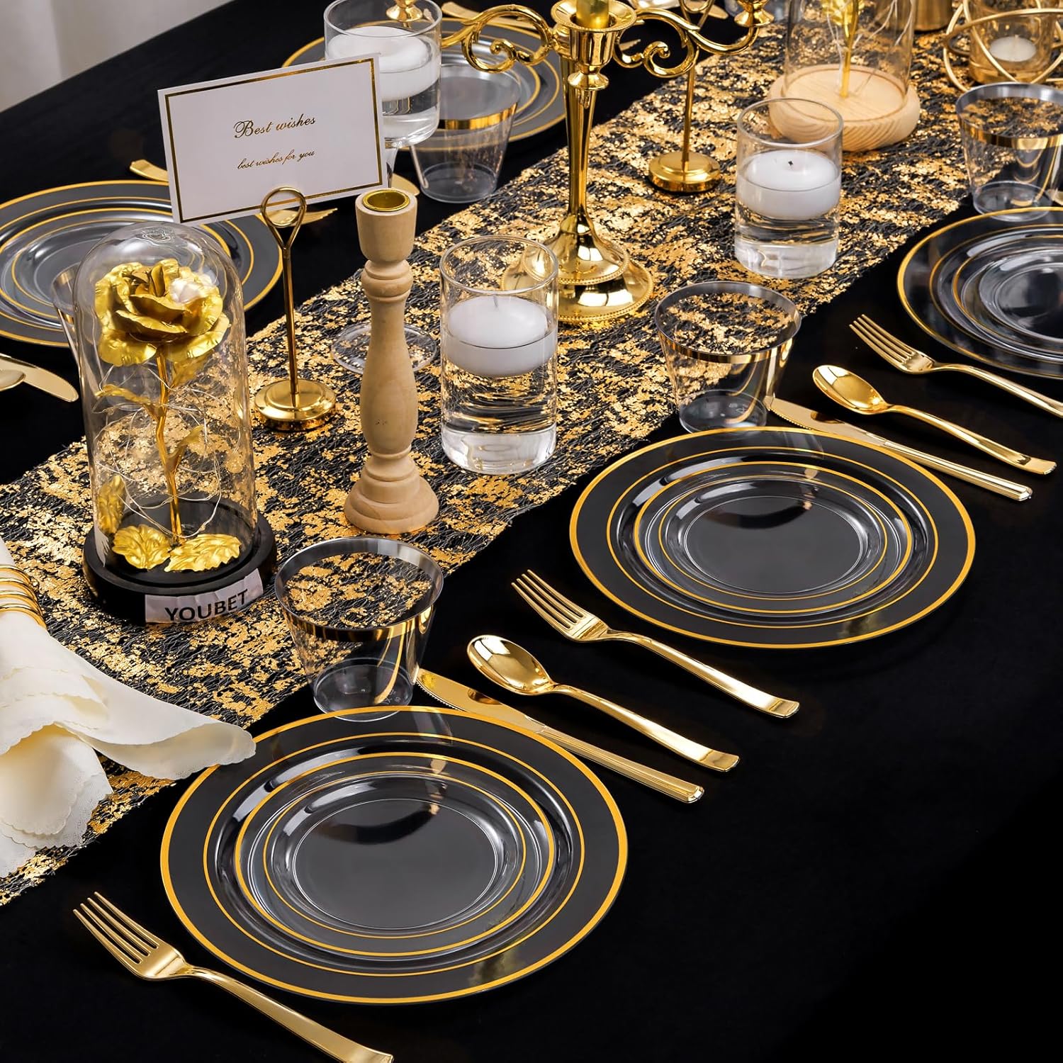 WELLIFE 600 Piece Gold Trim Plastic Dinnerware Set for Party