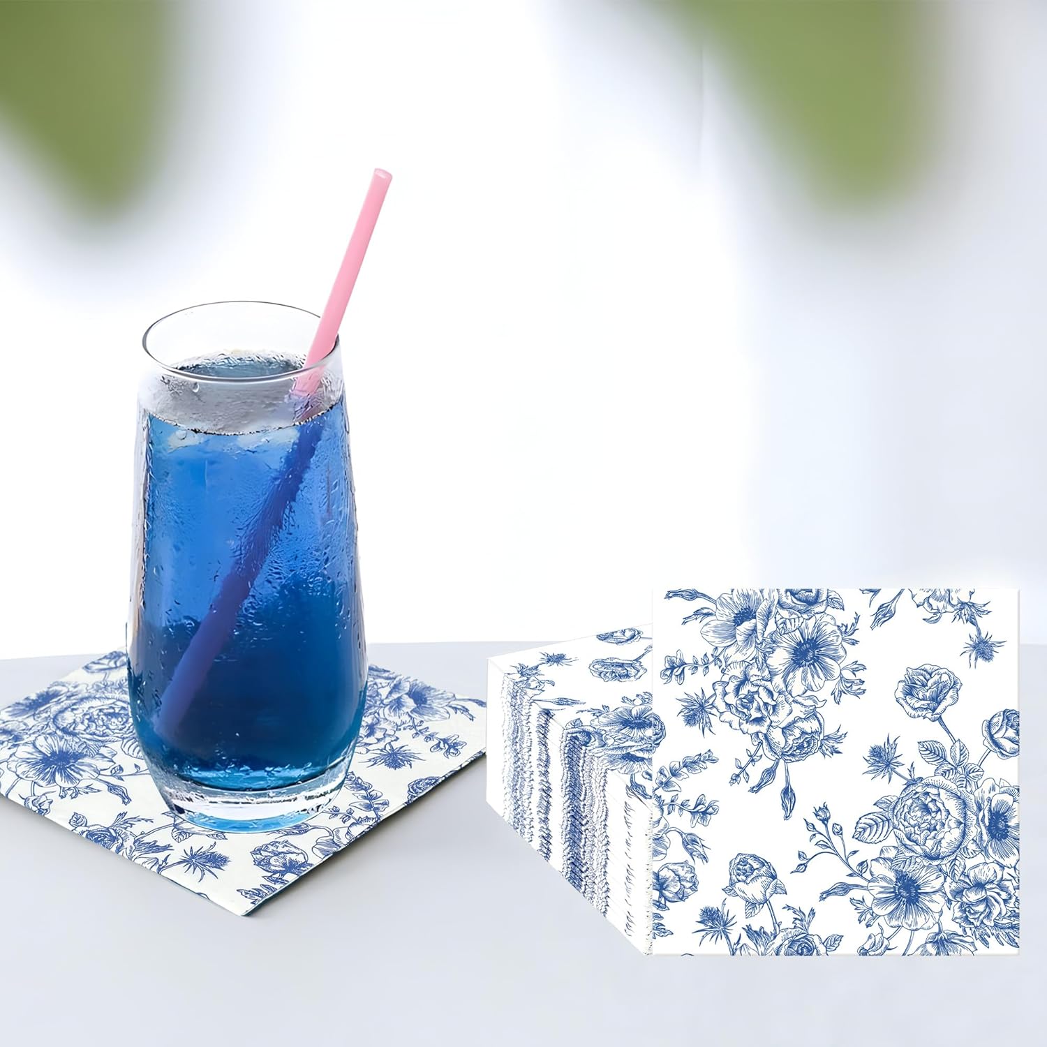 50PCS Blue Floral Cocktail Napkins 3-Ply Disposable