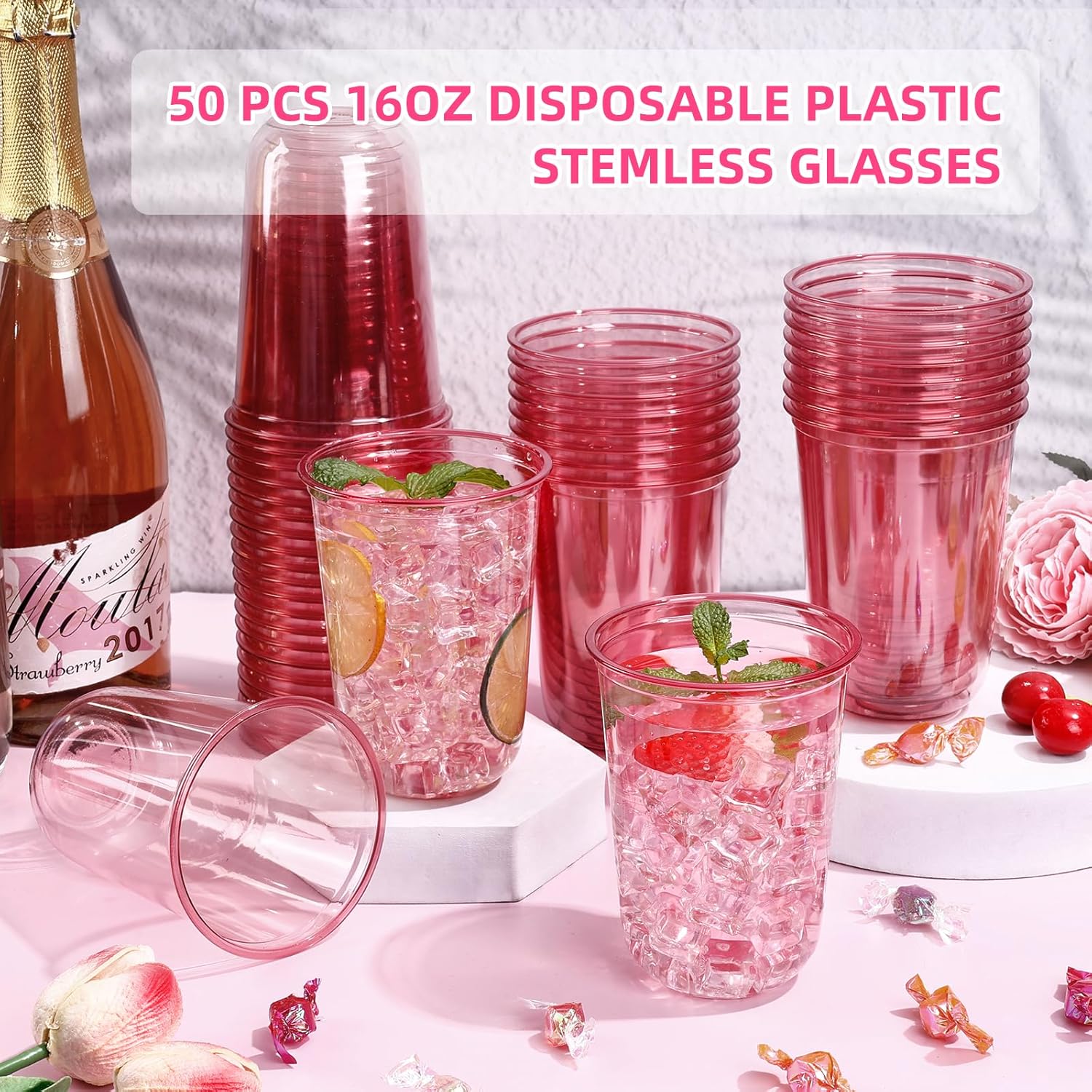 KesaPlan 50 Pcs Pink Plastic Cups 16oz