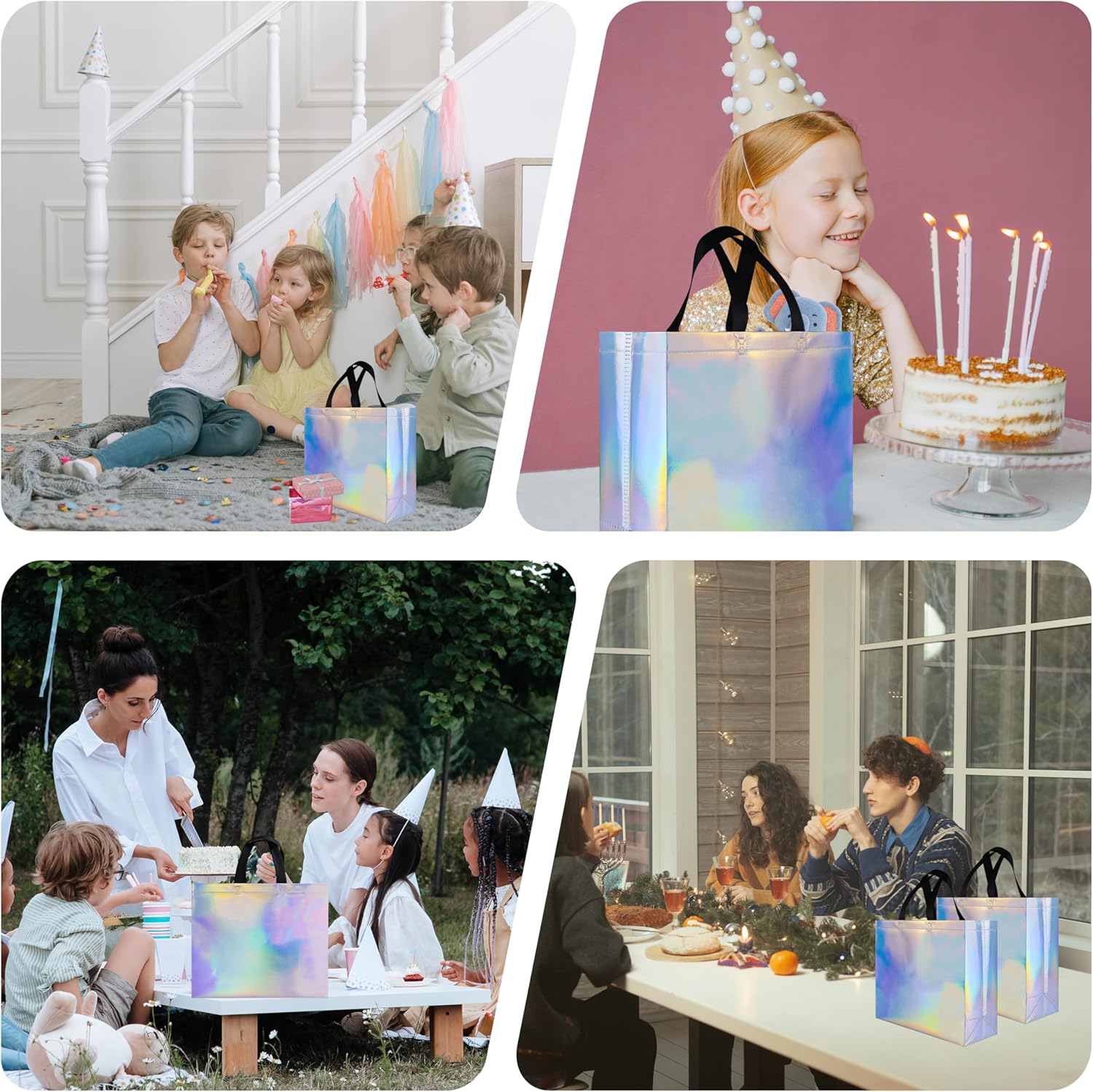 Glossy Iridescent Gift Bags 15 Pcs with Black Handles