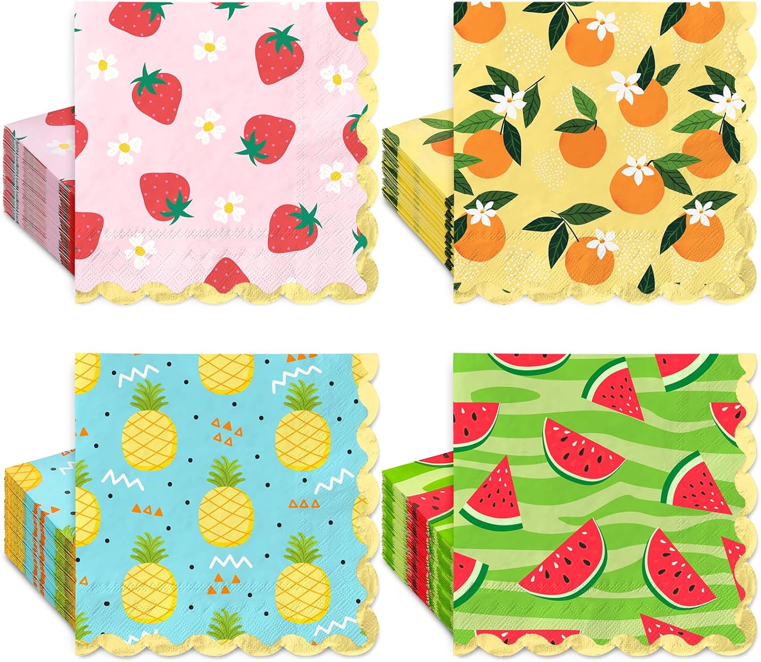 100Pcs Fruit Foil Scalloped Napkins with 4 Designs for Parties