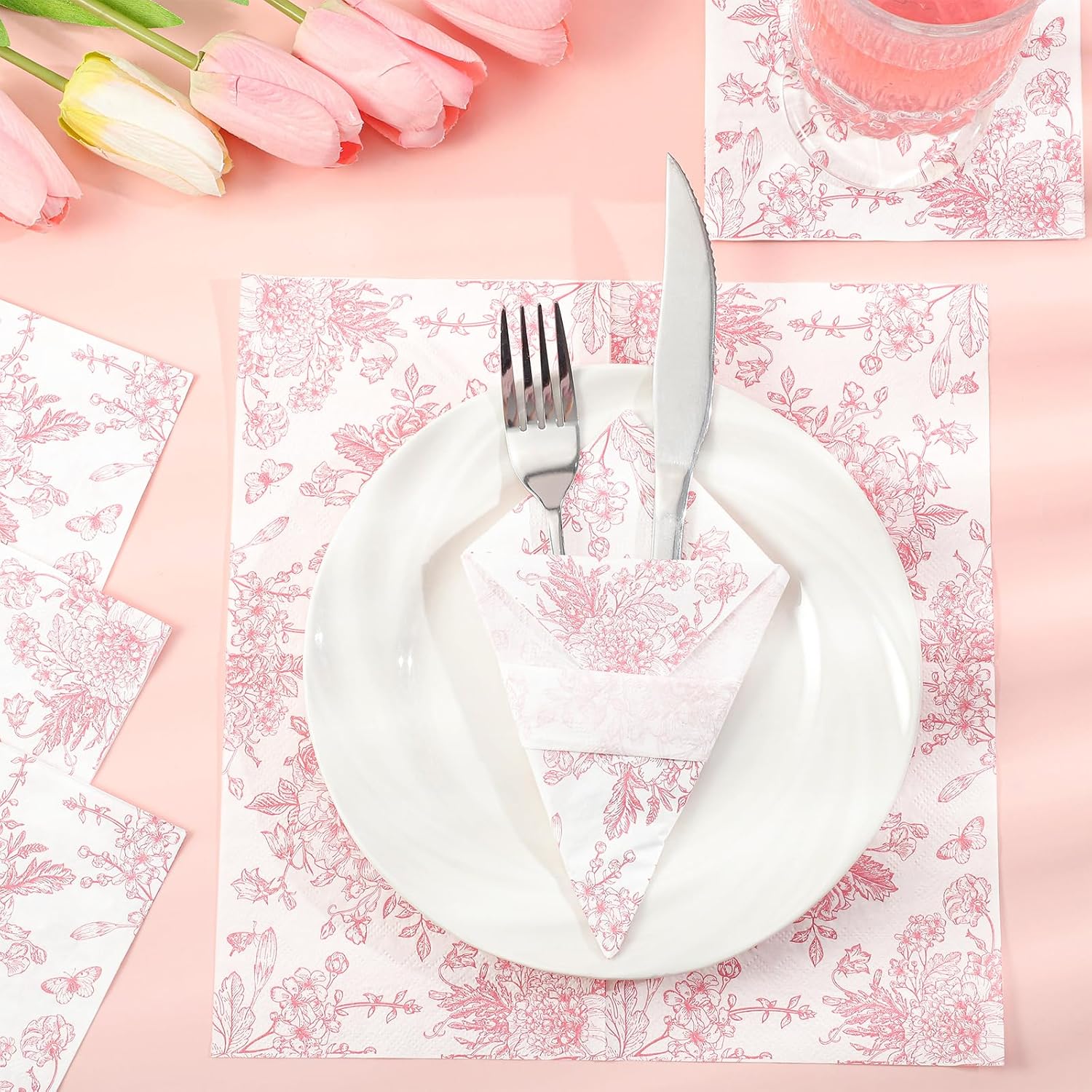 100 Pcs Pink Floral Napkins with White Toile Design