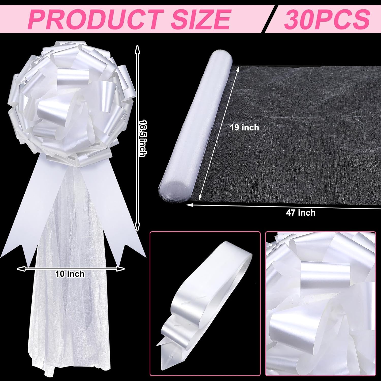 Dingion 30pcs White Wedding Pew Bows with Tulle