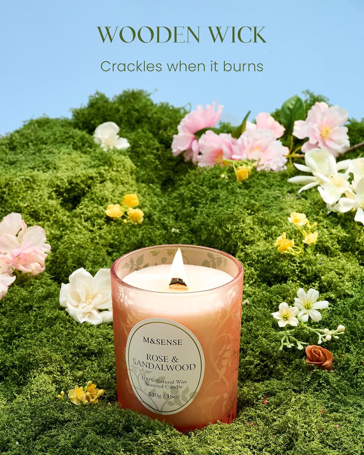 MSENSE Rose Sandalwood Scented Candle Wooden Wick 18 oz
