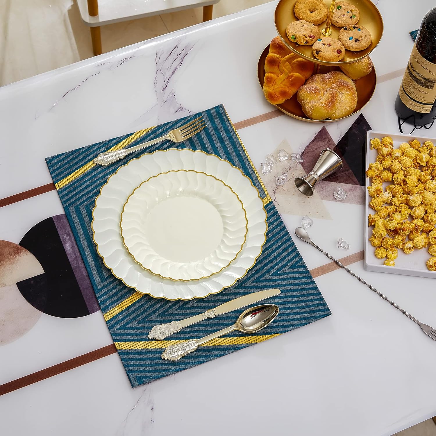 Lullaby 60PCS Ivory Scalloped Plastic Plates with Gold Rim
