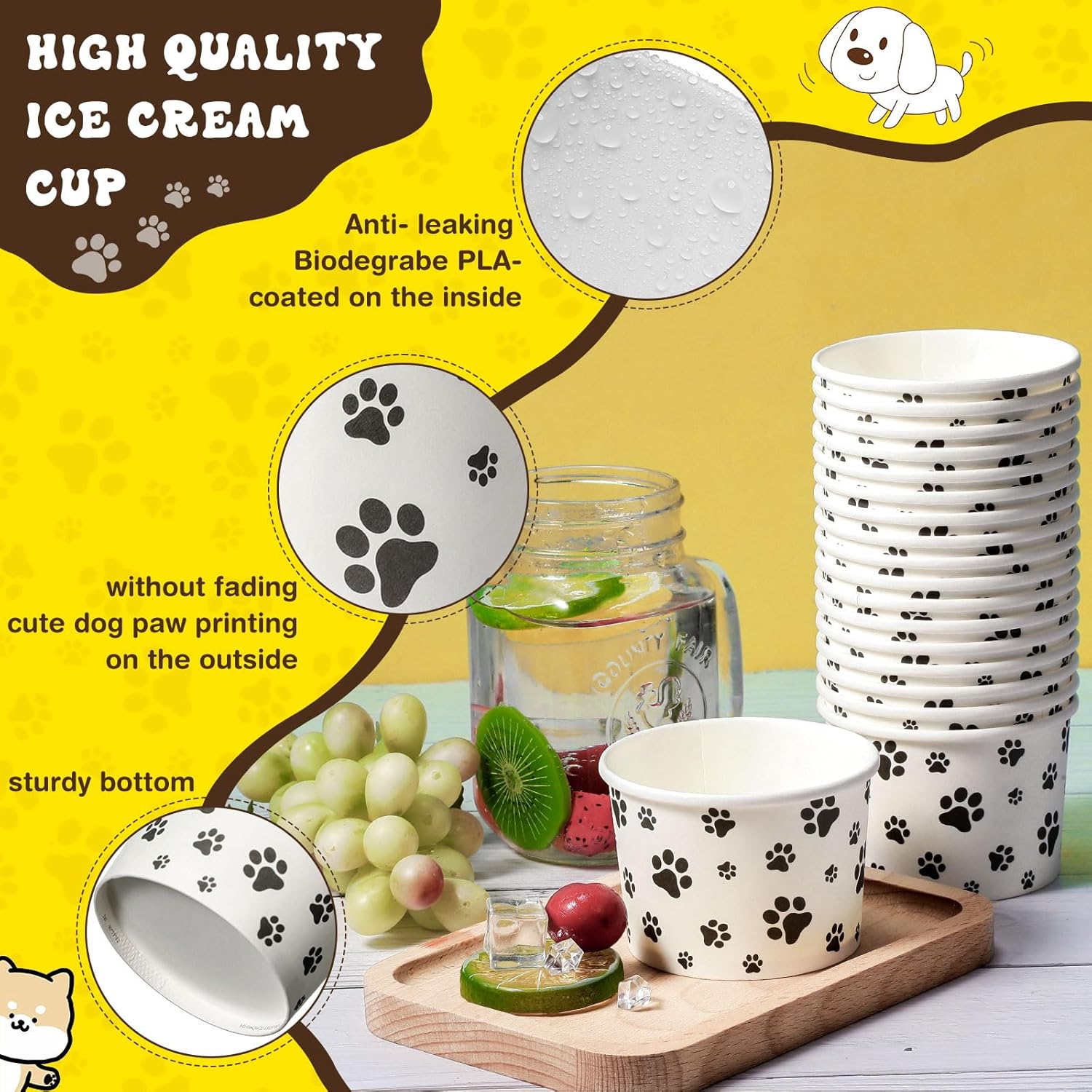 Patelai 50 Count 8 oz Paw Print Ice Cream Cups Disposable Dog Bowls