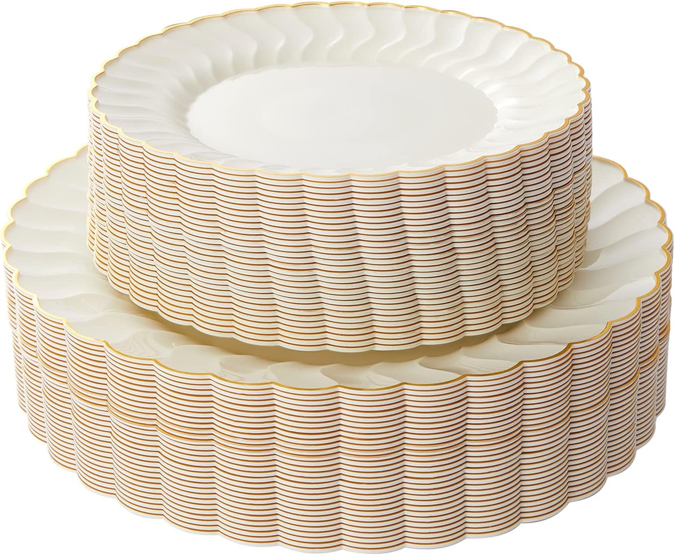 Lullaby 60PCS Ivory Scalloped Plastic Plates with Gold Rim