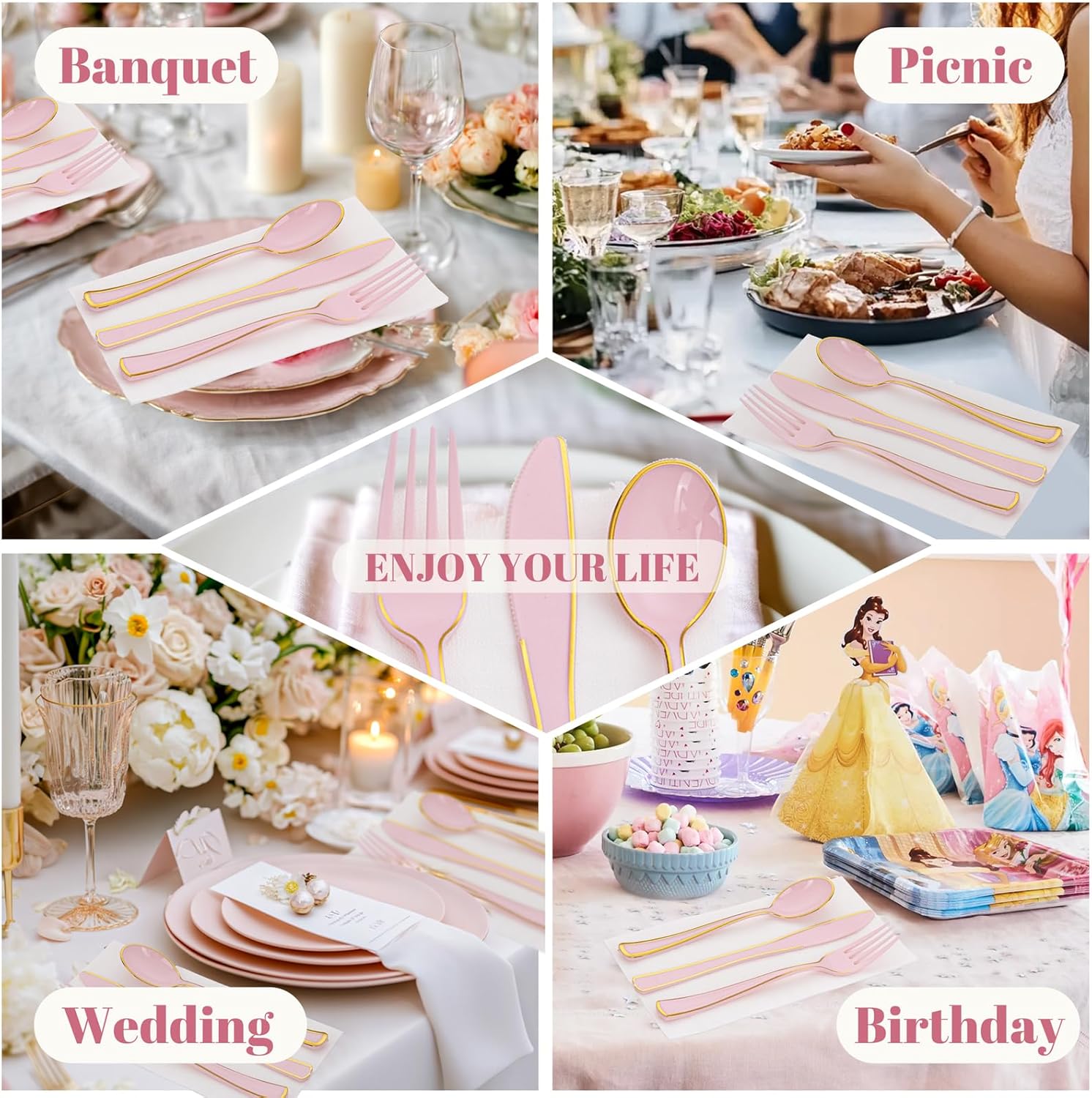180 Piece Pink Plastic Silverware Set with Gold