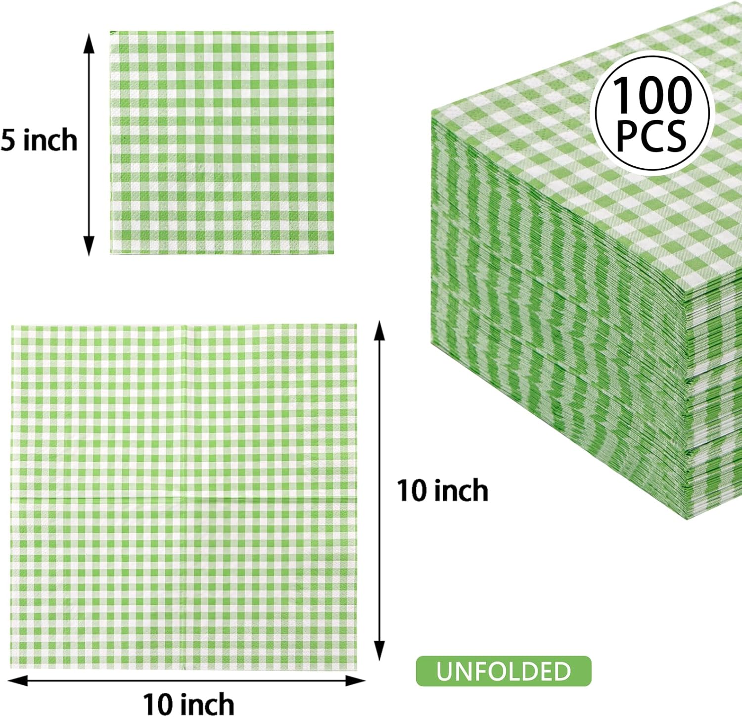 FLOWERCAT 100 Count 2 Ply Green Checkered Napkins 5x5 Inches