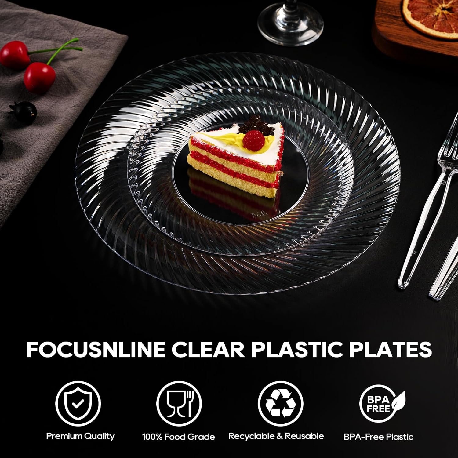 FOCUSLINE 10 Inch Clear Plastic Plates 100 Count