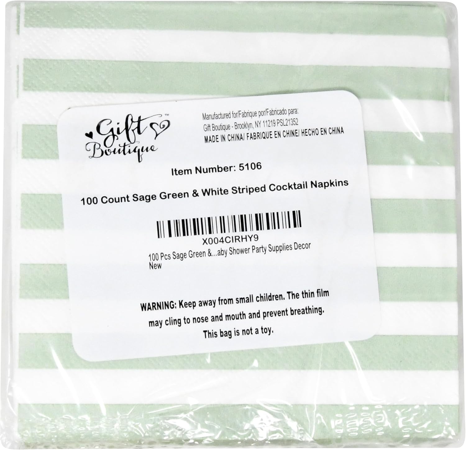 100 Pcs Sage Green White Stripe Cocktail Napkins for Party Supplies