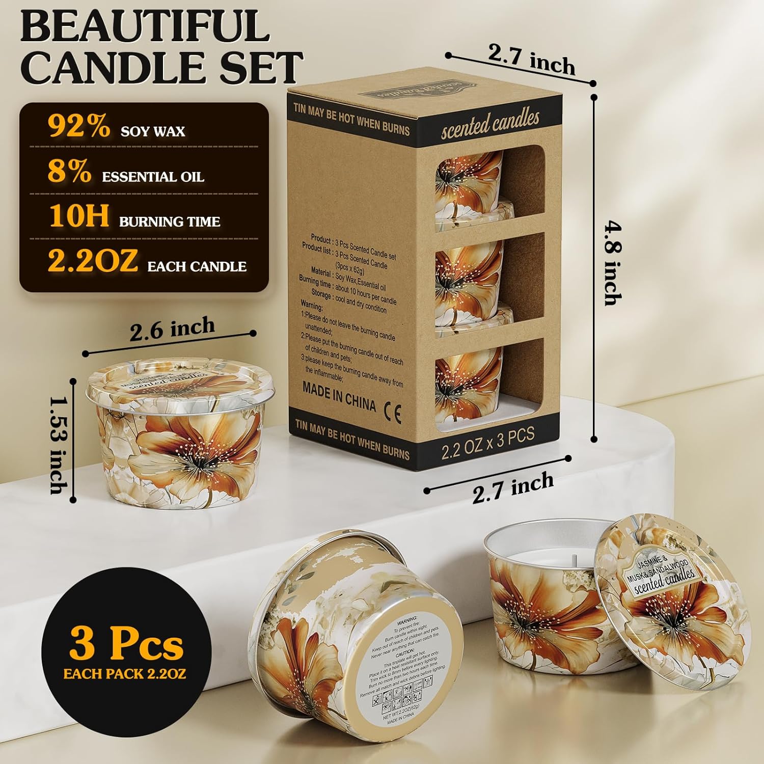 3-Pack Aromatherapy Candle Set Travel Size Jasmine Musk Sandalwood