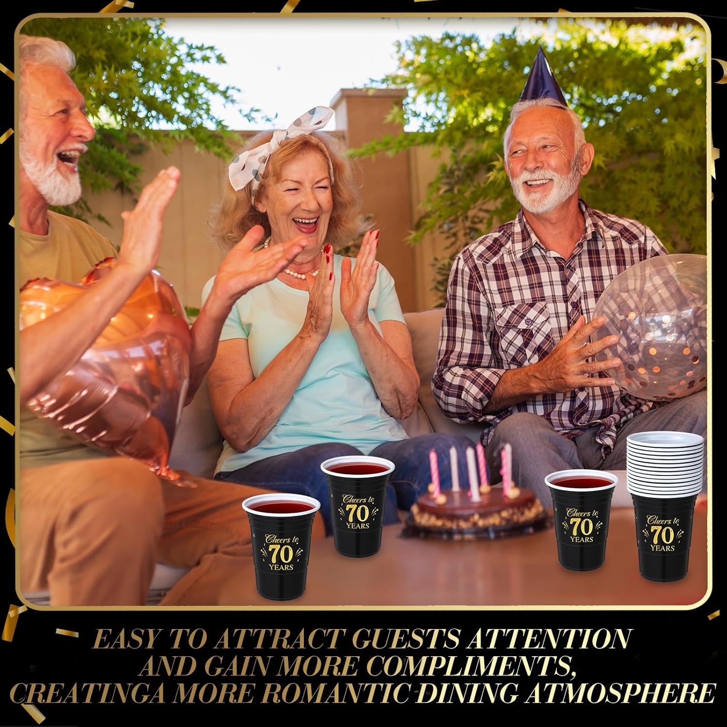 50 Pack 16 oz Gold and Black 70th Birthday Cups