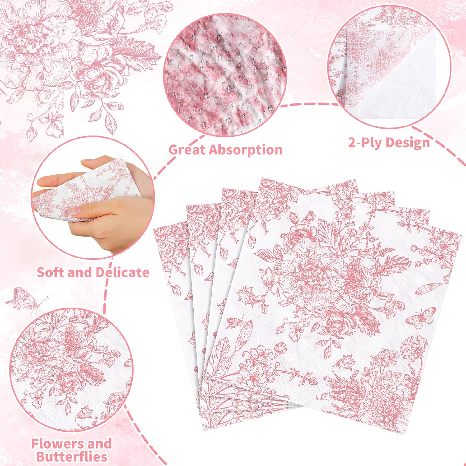 100 Pcs Pink Floral Napkins with White Toile Design
