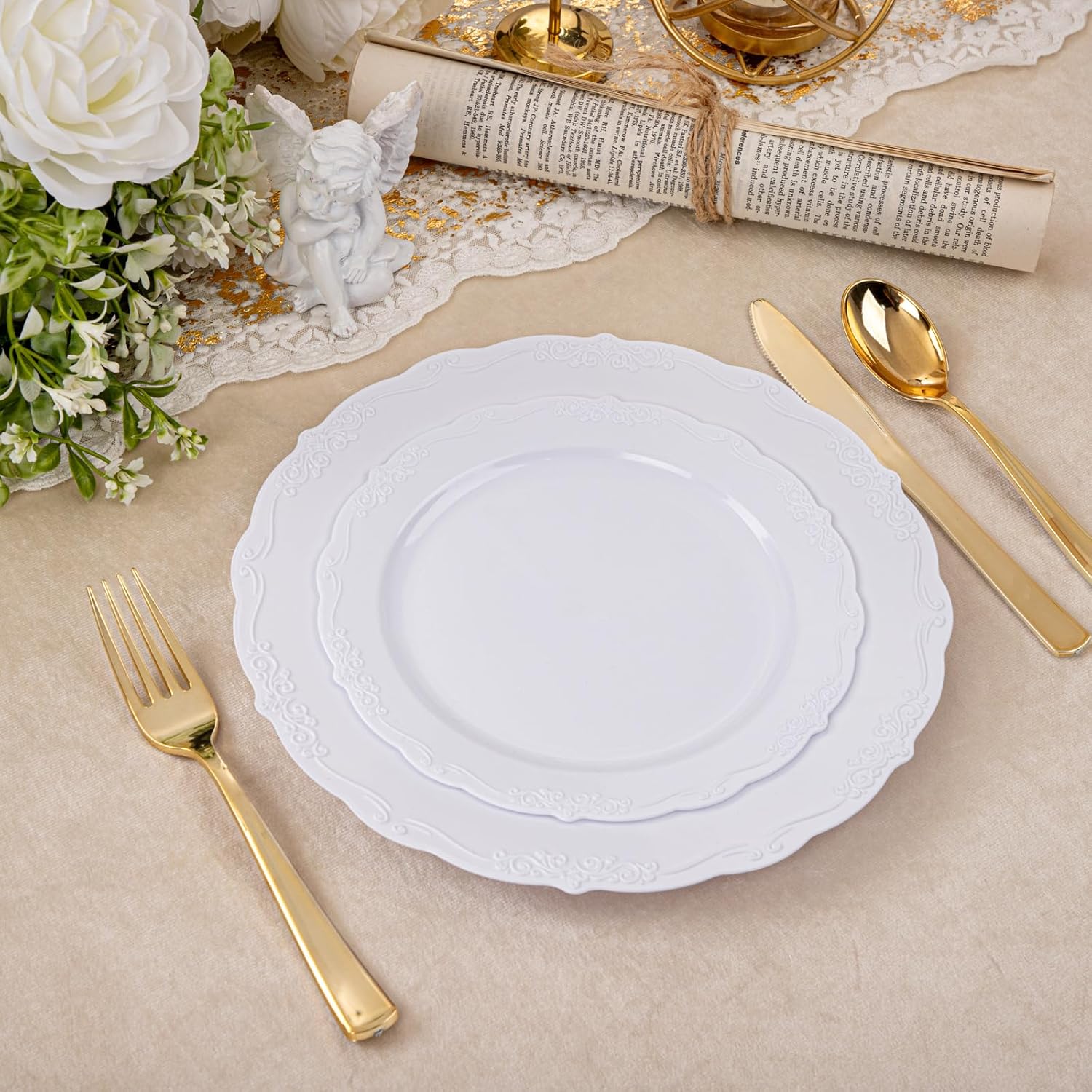 U-QE 100 Piece White Disposable Plates - Premium Hard Plastic for Events