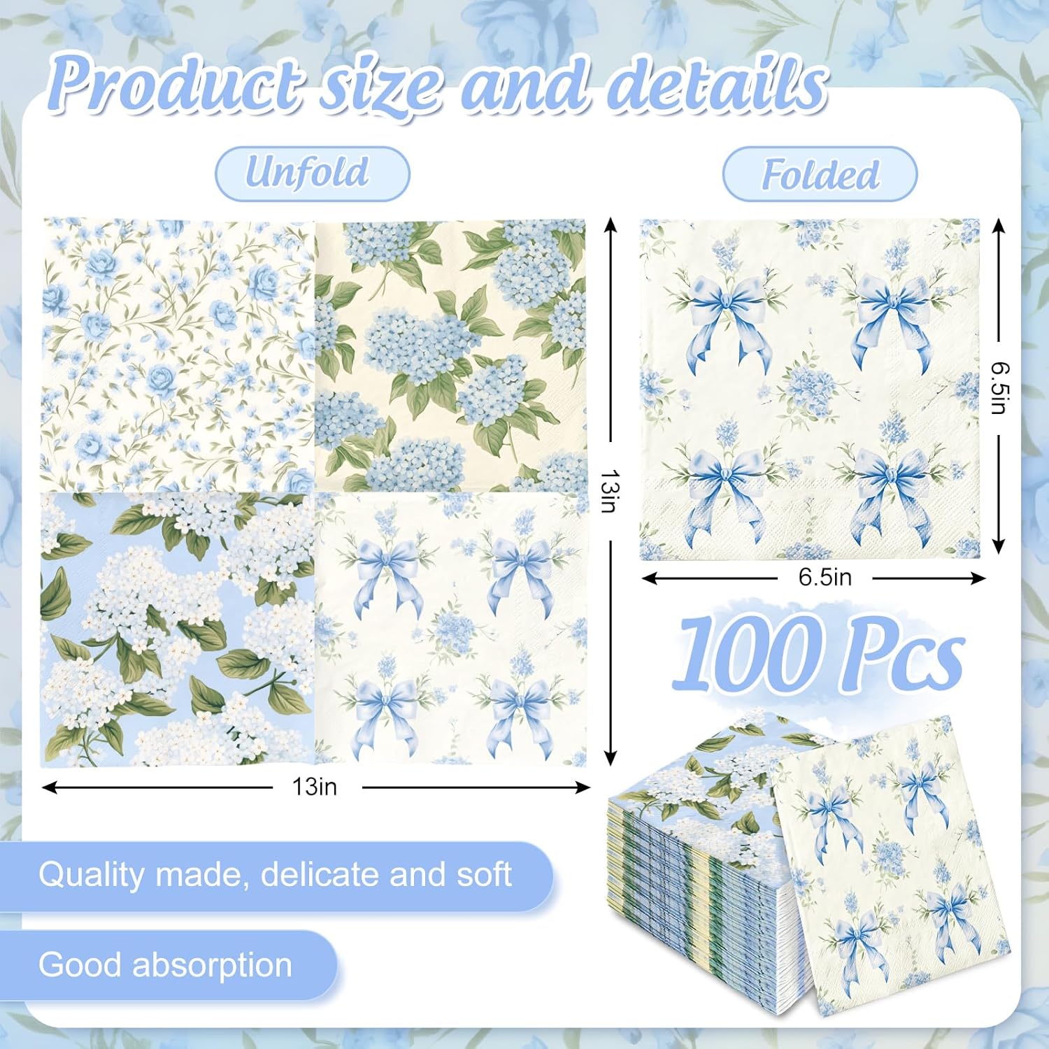 AnyDesign 100 Pcs Blue Floral Paper Napkins for Home Kitchen Parties