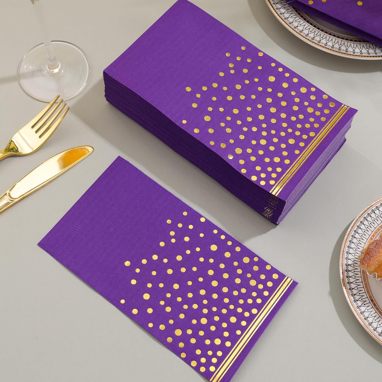 100 Pcs Purple Gold Dot Disposable Napkins for Parties