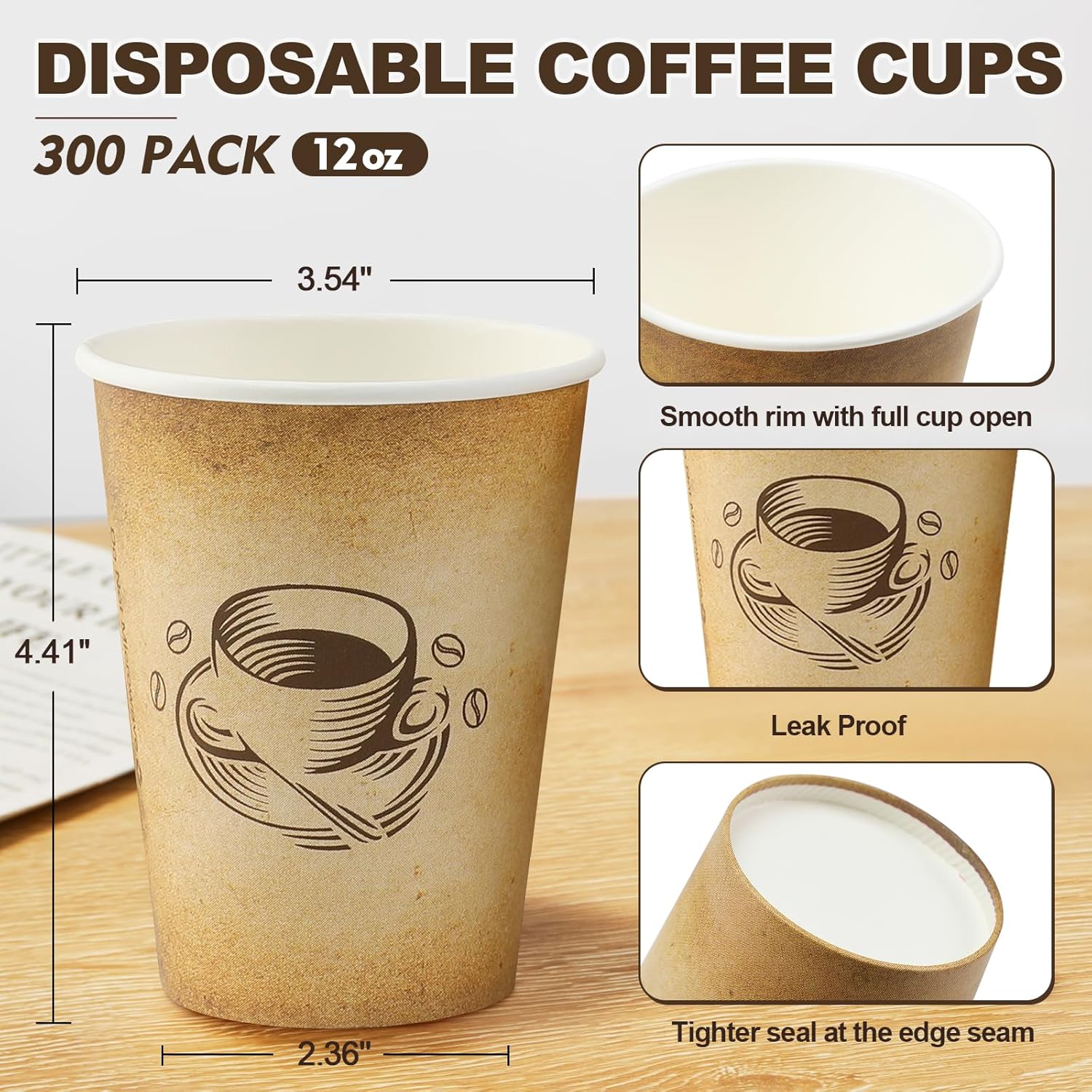 12 Oz 300 Pack Disposable Coffee Cups Retro Design Leak Proof