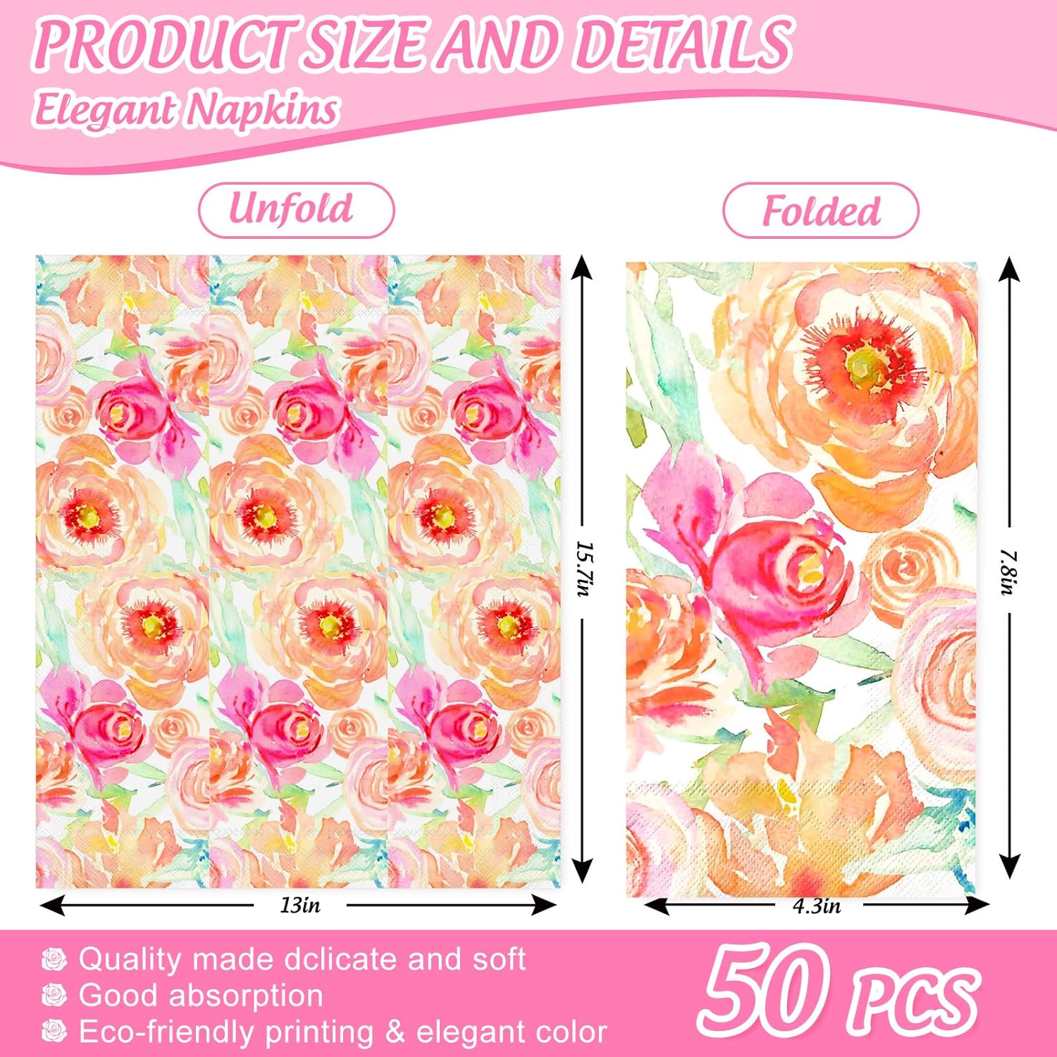 50Pcs Floral Guest Napkins Watercolor Patterned Disposable