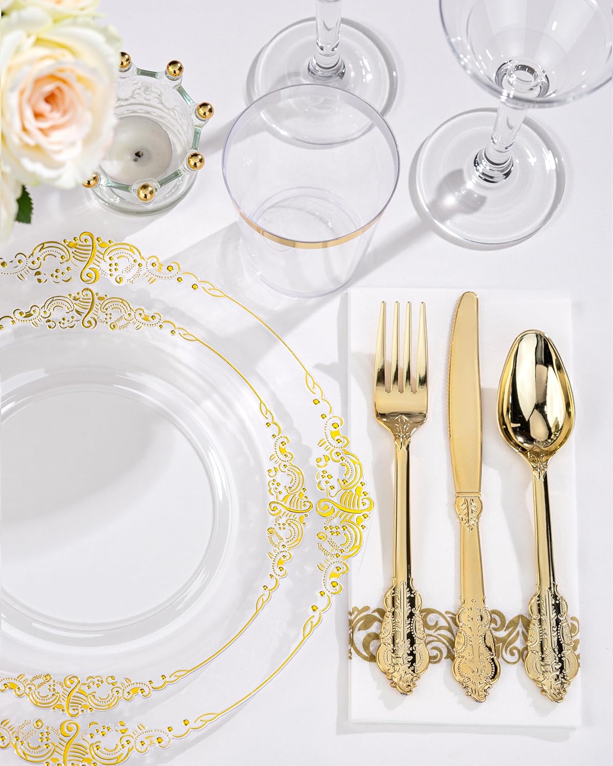 Nervure 175PCS Clear Gold Plastic Plates Set for 25 Guests